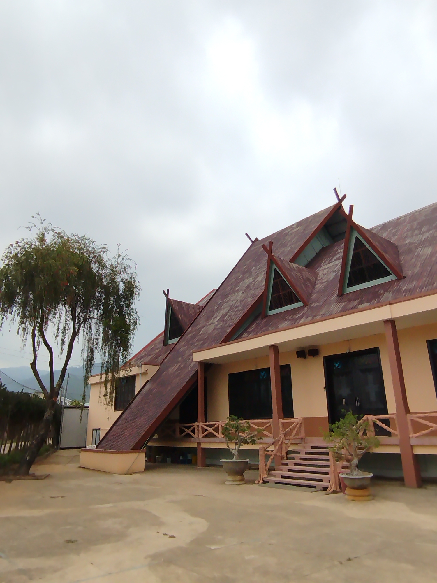 The image shows a building in K'Long, Vietnam, notable for its unique architecture. The building has a multi-tiered, steeply pitched roof made of brown tiles. Triangular dormer windows with green trim are embedded within the roof. The building's walls are a light tan color, with brown pillars supporting an overhang that creates a veranda. A brown wooden railing encloses the veranda. A set of stairs leads up to the veranda, flanked by potted bonsai trees. A weeping willow tree stands to the left of the building, its branches obscuring part of the facade. The sky is overcast and gray. The foreground is a paved area, and a glimpse of a fence and greenery suggests a mountainous landscape in the distance. The overall scene appears calm and somewhat isolated.