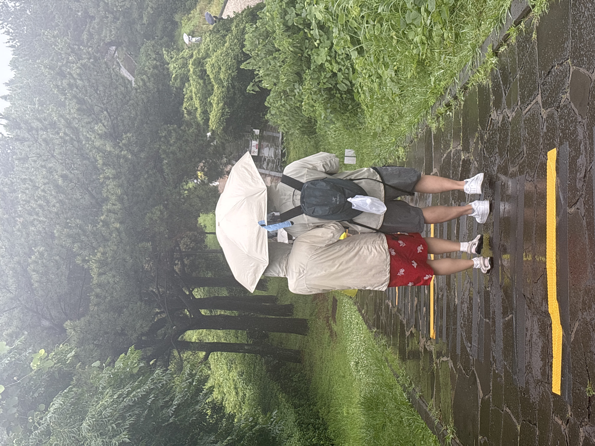 Two individuals, viewed from behind, walk side-by-side on a wet, stone pathway lined with yellow markings, holding a single large, cream-colored umbrella. The person on the left wears a light-colored hooded jacket over a red skirt with white patterns. The person on the right is dressed in a light-colored short-sleeved shirt, dark shorts, and carries a dark backpack. They are situated on a path that descends, surrounded by lush green vegetation and tall trees, with a hint of fog in the background suggesting a damp or rainy atmosphere. The scene appears to be an outdoor park or walking trail.