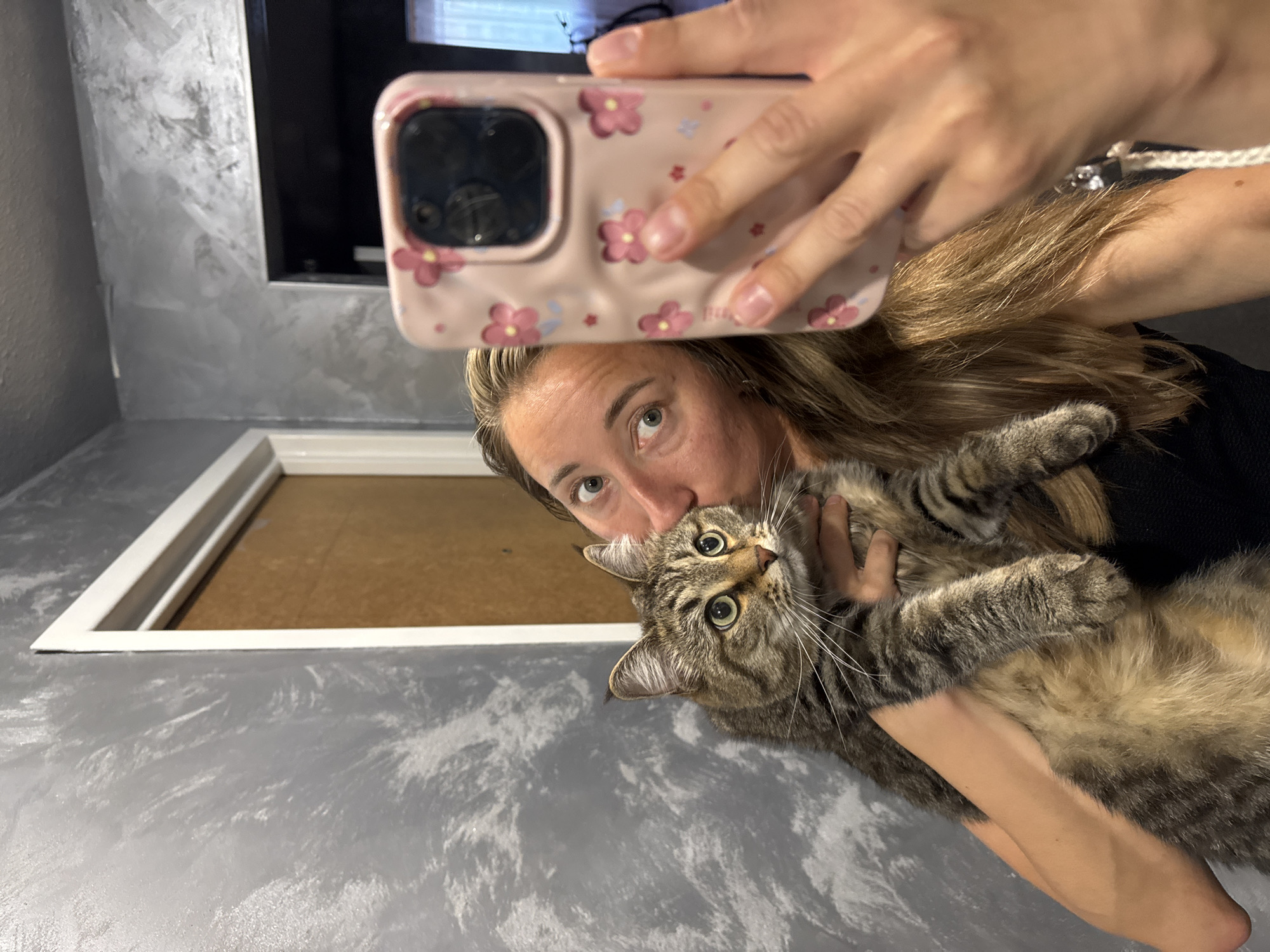 In a brightly lit interior, a young woman with blonde hair takes a selfie with her cat. She is holding the cat in her left arm and kissing it on the head. The cat, a tabby with green eyes, looks directly at the camera. The woman is wearing a black top, and her phone, with a pink case decorated with flowers, is in her right hand. The background features a textured grey wall and a doorway. The scene is domestic and casual, likely within a residential setting. There is no information about the location in Chaikovsky, Russia.