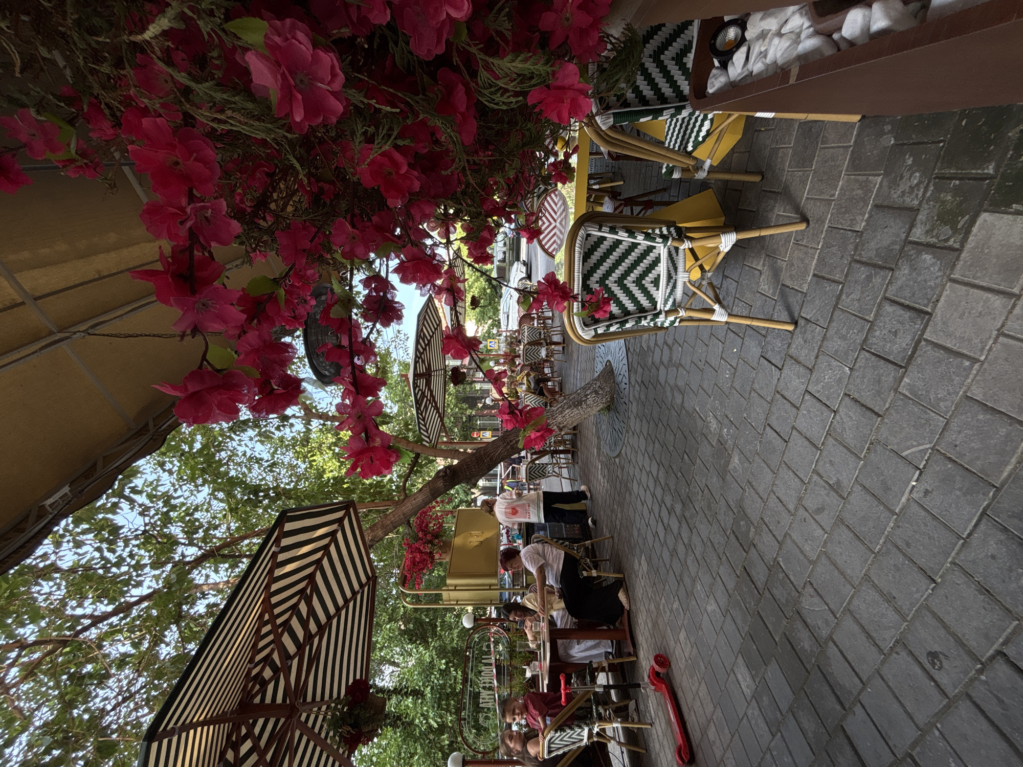 The image captures an outdoor seating area of a cafe or restaurant on a sunny day. The foreground features a gray paved walkway made of rectangular bricks. To the left, a red kick scooter lies on the ground.
The middle ground shows several tables and chairs, some occupied by patrons. The chairs are made of wicker with a distinctive green and white chevron pattern on the backrests. Striped umbrellas, with black and white diagonal lines, provide shade over some of the tables. One of the umbrellas is hanging from a tree branch.
In the background, more trees with lush green foliage are visible. The cafe has decorative elements, including vibrant pink artificial flowers cascading from above, framing the scene on the right. Some people are seated at tables, engaged in conversation or looking at their phones. A person wearing a white shirt with a red graphic is standing near a table. Another person is walking away from the camera.
The scene appears to be in the city of Yerevan, Armenia, given the context provided. The atmosphere is relaxed and inviting, typical of an outdoor cafe setting. The overall impression is one of a pleasant, urban dining or social space.