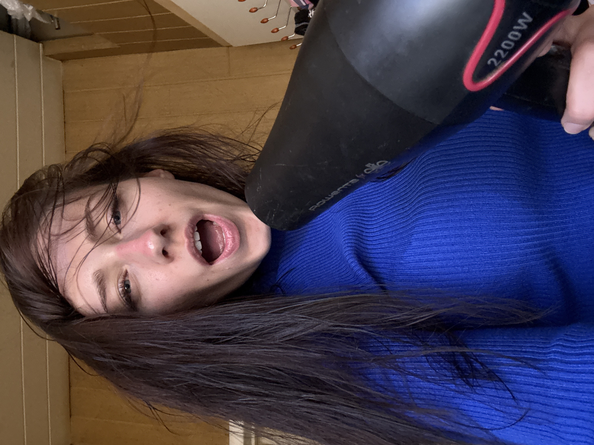 A woman with wet, dark brown hair is holding a black Rowenta 2200W hairdryer near her face and appears to be yelling. She is wearing a blue ribbed sweater. The background includes a wooden wall. The location is not identifiable as Saint Petersburg, Russia.
