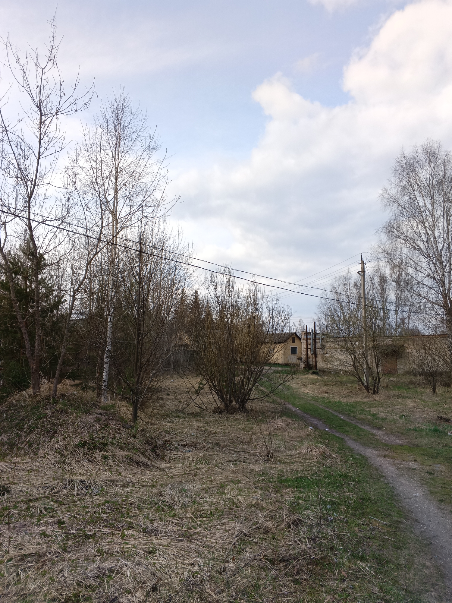 The image depicts a rural scene in Красный Маяк, Russia. A dirt road leads towards a group of buildings in the distance. The structures appear to be older, possibly outbuildings. Overgrown vegetation, including tall dry grasses and bare trees, dominates the foreground and middle ground. Power lines are visible overhead. The sky is overcast with scattered clouds. No people are visible.