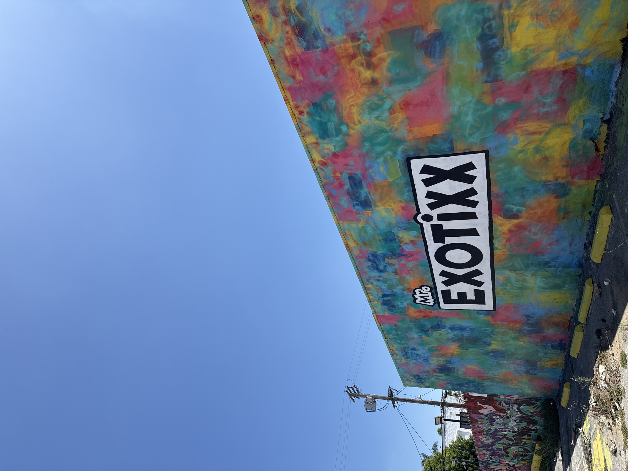 A ground-level, upward-tilted perspective shows a mural-covered building in Los Angeles, United States. The primary wall, featuring an abstract expressionist style with colors of yellow, red, blue, and green, is angled from the top right corner to the center. Painted on it is a vertical rectangular sign in black and white, with the words "MR. EXOTIXX" stacked one above the other.
Below and perpendicular to the main wall is another wall, also adorned with murals but with denser, smaller designs.
A utility pole, connected to visible power lines, stands in front of the second mural wall.
The sky, clear and blue, occupies the left side of the image. Along the bottom right, there are yellow parking curbs and sidewalk edges, alongside some vegetation and what appears to be discarded trash.