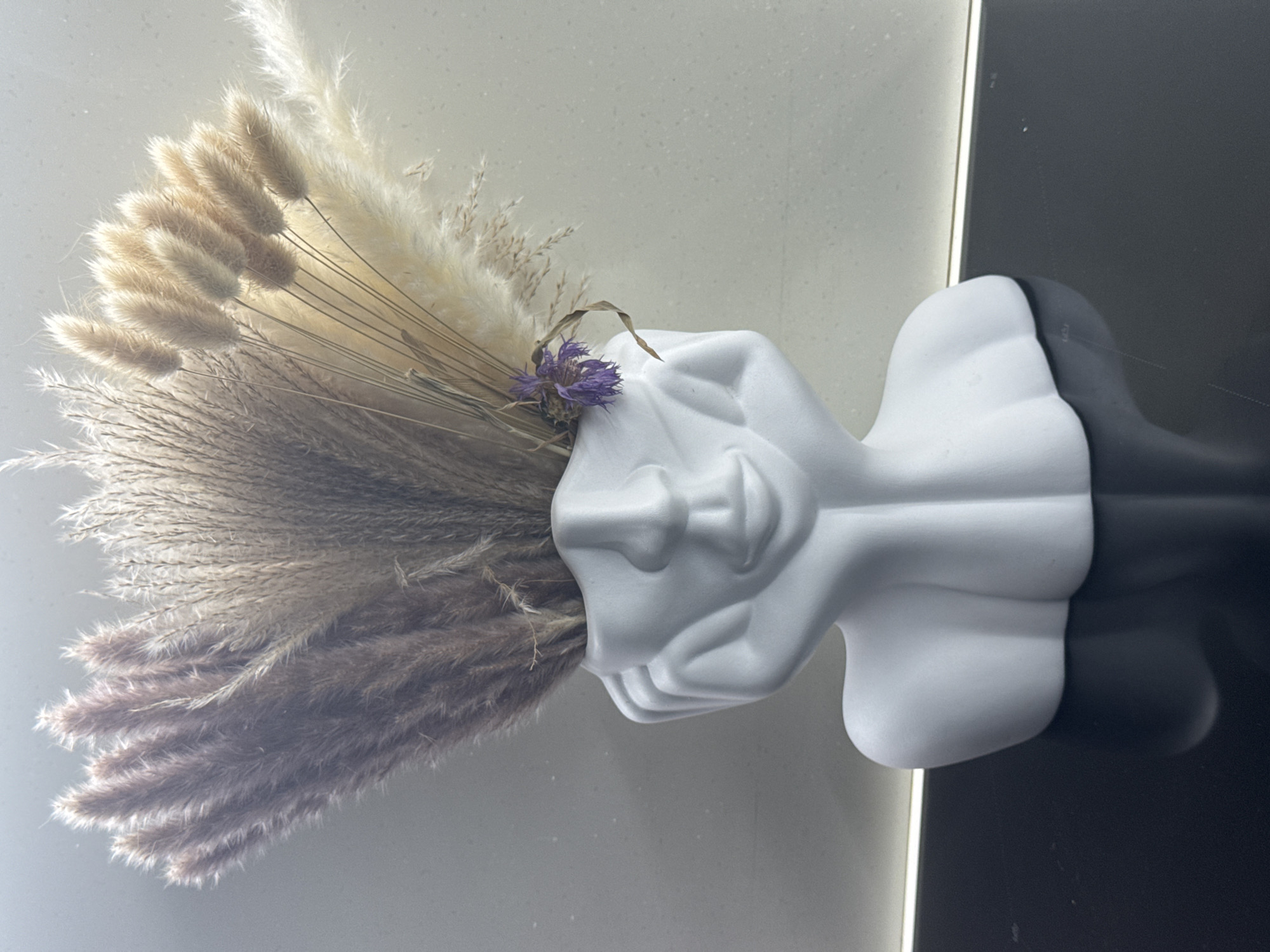 A white bust vase shaped like a face, with its hands resting on its cheeks, holds a bouquet of dried grasses and a small purple flower. The vase is positioned on a dark, reflective surface, likely a table or countertop. Behind the vase, a light-colored, speckled wall is illuminated by a thin, horizontal strip of light running across it. The overall scene is likely indoors, with the setting not being specific to any particular location in the city of Pohreby, Ukraine.