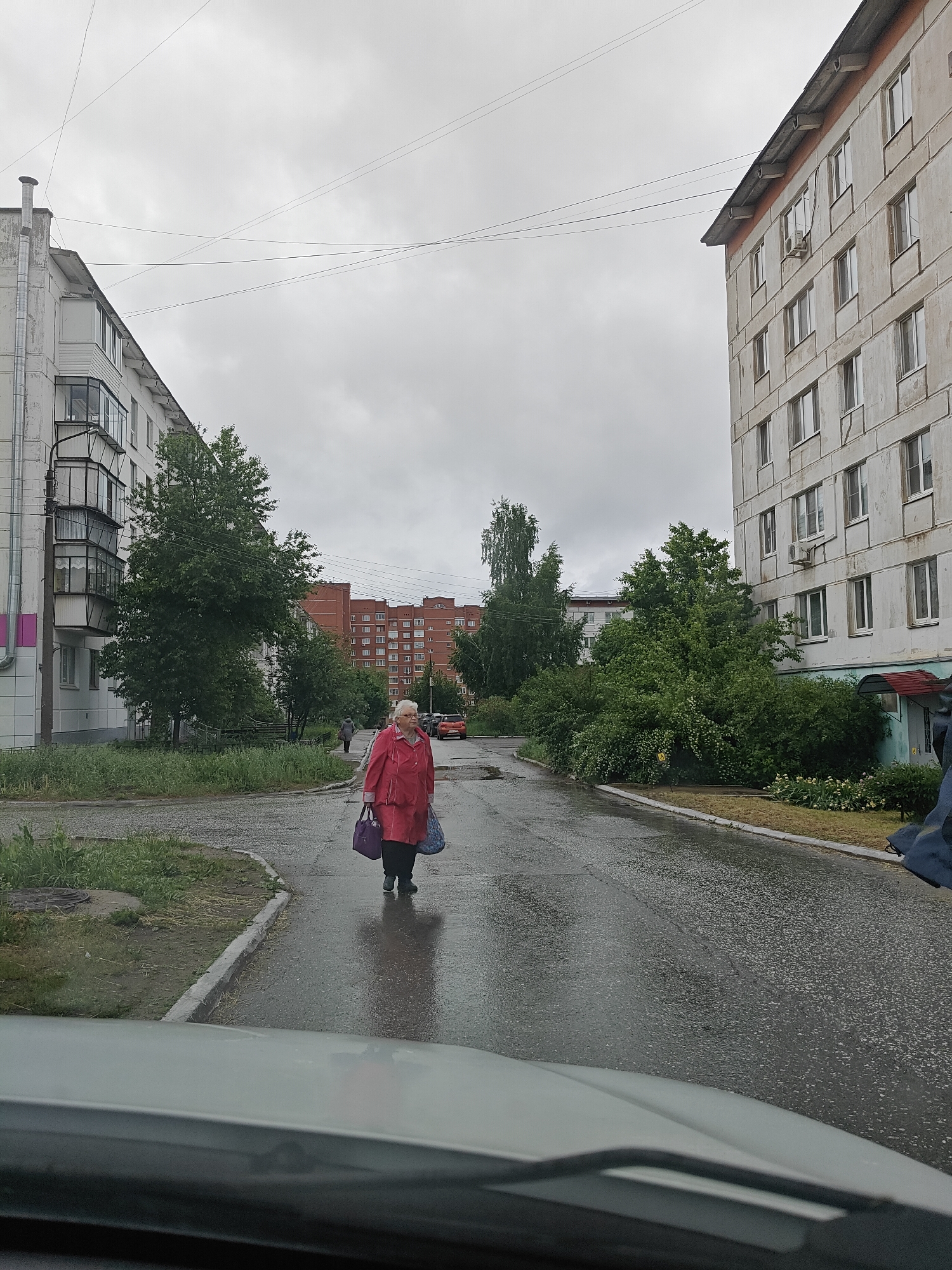 The image depicts a street scene on a rainy day. In the foreground, the hood of a vehicle is visible, suggesting the photograph was taken from inside a car. A woman wearing a red coat is crossing the street, carrying two bags. The road is wet and reflects the overcast sky. Buildings line both sides of the street, appearing to be apartment blocks typical of urban areas. Trees and greenery are interspersed between the buildings. In the background, more residential buildings are visible under a cloudy sky. The location is Chaikovsky, Russia.