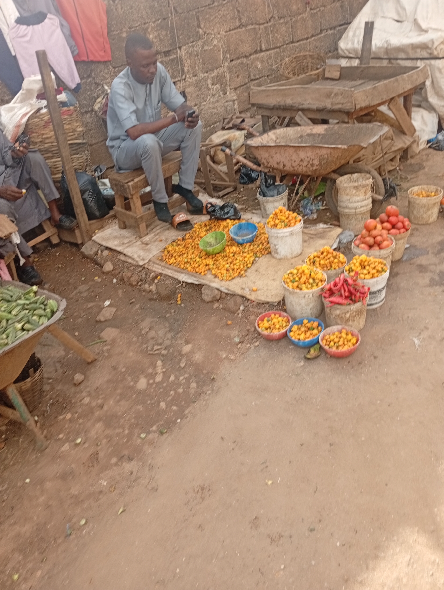 A man in a light blue traditional outfit is seated on a wooden stool, looking down at his phone. He is positioned near a stall laden with various produce. In front of him, a large spread of small, bright yellow fruits is visible. To his right, several buckets and bowls overflow with similar yellow fruits, along with some red chili peppers and tomatoes. Behind the produce, a rustic wooden market stall and a wheelbarrow are visible, suggesting an outdoor market setting. A person's legs and feet are visible on the left, suggesting another person is also present at the stall. The ground is dusty earth, typical of an outdoor market. The scene appears to be during the daytime, with natural lighting. The overall impression is a bustling, perhaps slightly informal, market scene in Rafin Par, Nigeria, where fresh produce is being sold.
