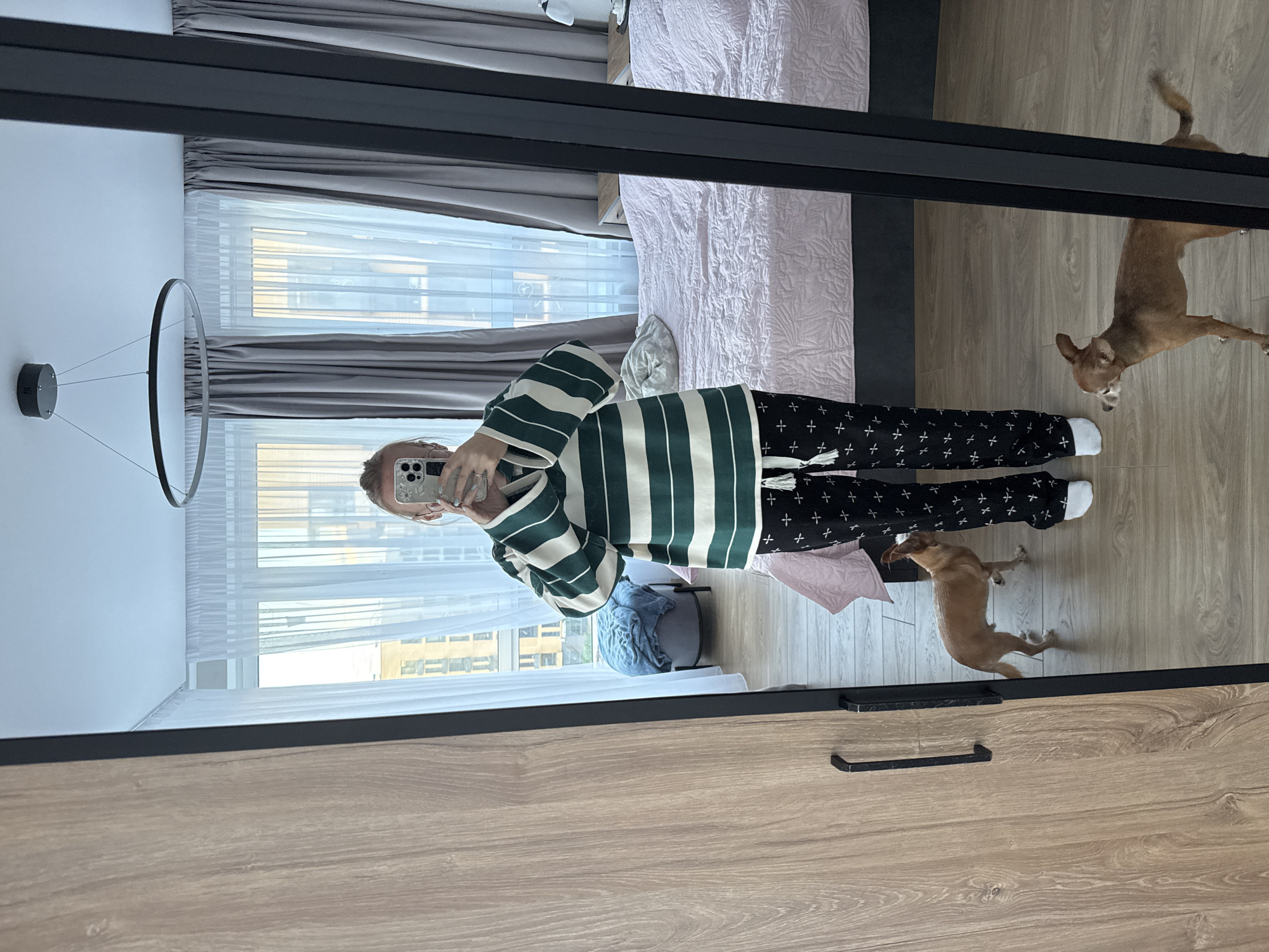 A person is taking a mirror selfie in a bedroom. The person is wearing a green and white striped sweater and black pants with a white cross pattern. The person is holding a smartphone in their right hand. Two small tan dogs are visible in the reflection of the mirror, one standing to the left of the person and the other to the right. The bedroom has a large bed with a pink comforter, sheer white curtains, and gray drapes. A circular pendant light hangs from the ceiling. To the left of the frame is a large mirrored closet door with a wooden finish. The flooring is light-colored wood. The setting appears to be an indoor residential space.