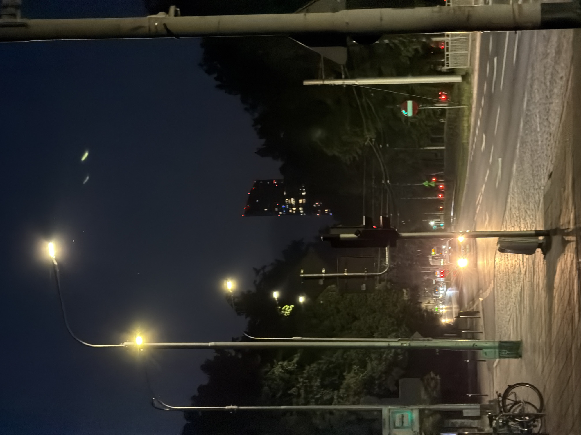 This image depicts a street scene at night in an urban environment. The foreground shows a sidewalk paved with cobblestones, with a bicycle rack holding two bicycles on the left. A lamppost illuminates the sidewalk. A traffic light is visible on the right side of the road, along with a trash receptacle next to it. The street itself is wet, reflecting the lights from vehicles and streetlights. Multiple cars and buses with headlights on are traveling on the road, creating streaks of light. Trees line the street on both sides, their shapes obscured by the darkness. In the background, a tall, illuminated skyscraper stands out against the dark night sky. Several smaller traffic lights and signs are visible along the road. The sky is a deep blue-black, indicating late evening or early morning.