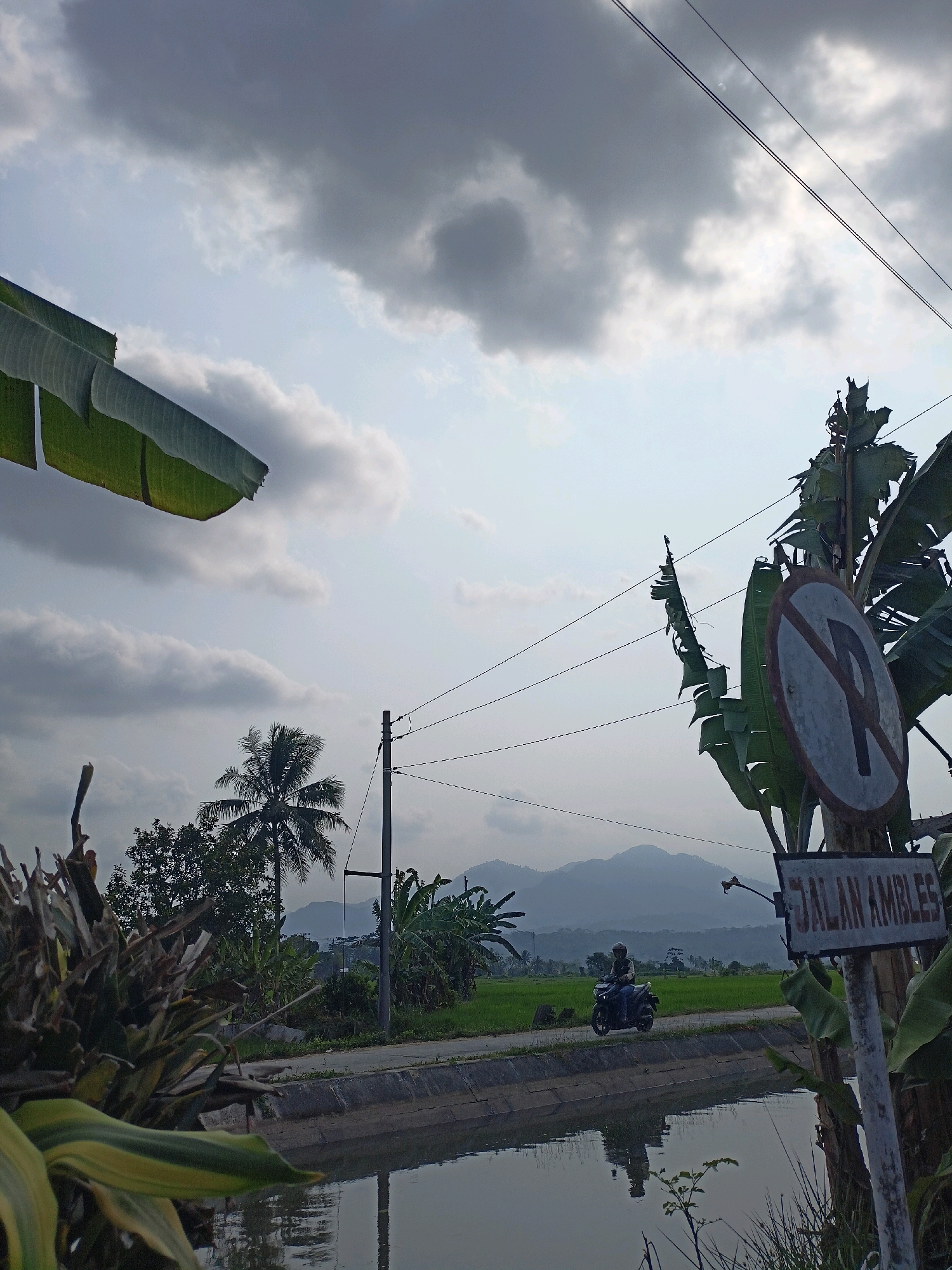 In the foreground of the image, a reflective body of water, likely an irrigation canal, occupies the lower portion. To the left, lush green and yellow foliage is visible, partially obscuring the view. A road runs parallel to the canal, and on the right side of the road, a signpost stands with two signs. The upper sign is a circular prohibition sign with a diagonal line through the letter "P," indicating no parking. Below it, a rectangular sign reads "JALAN AMBLES."
Beyond the road, a motorcycle with a rider wearing a helmet is in motion, heading away from the viewer. The rider is seated on the motorcycle, and its headlights are on. The surrounding landscape includes green rice paddies, various trees including a palm tree, and in the distance, hazy mountains under a cloudy sky. The sky itself is a mix of dark and light gray clouds, with streaks of sunlight breaking through. Telephone wires are visible stretching across the upper portion of the frame, supported by a utility pole.
This scene is located in the village of Payaman, Indonesia. The overall impression is one of a rural or semi-rural environment, likely during late afternoon or early morning given the lighting conditions and the presence of clouds. The "JALAN AMBLES" sign suggests a potentially uneven or sinking road surface.