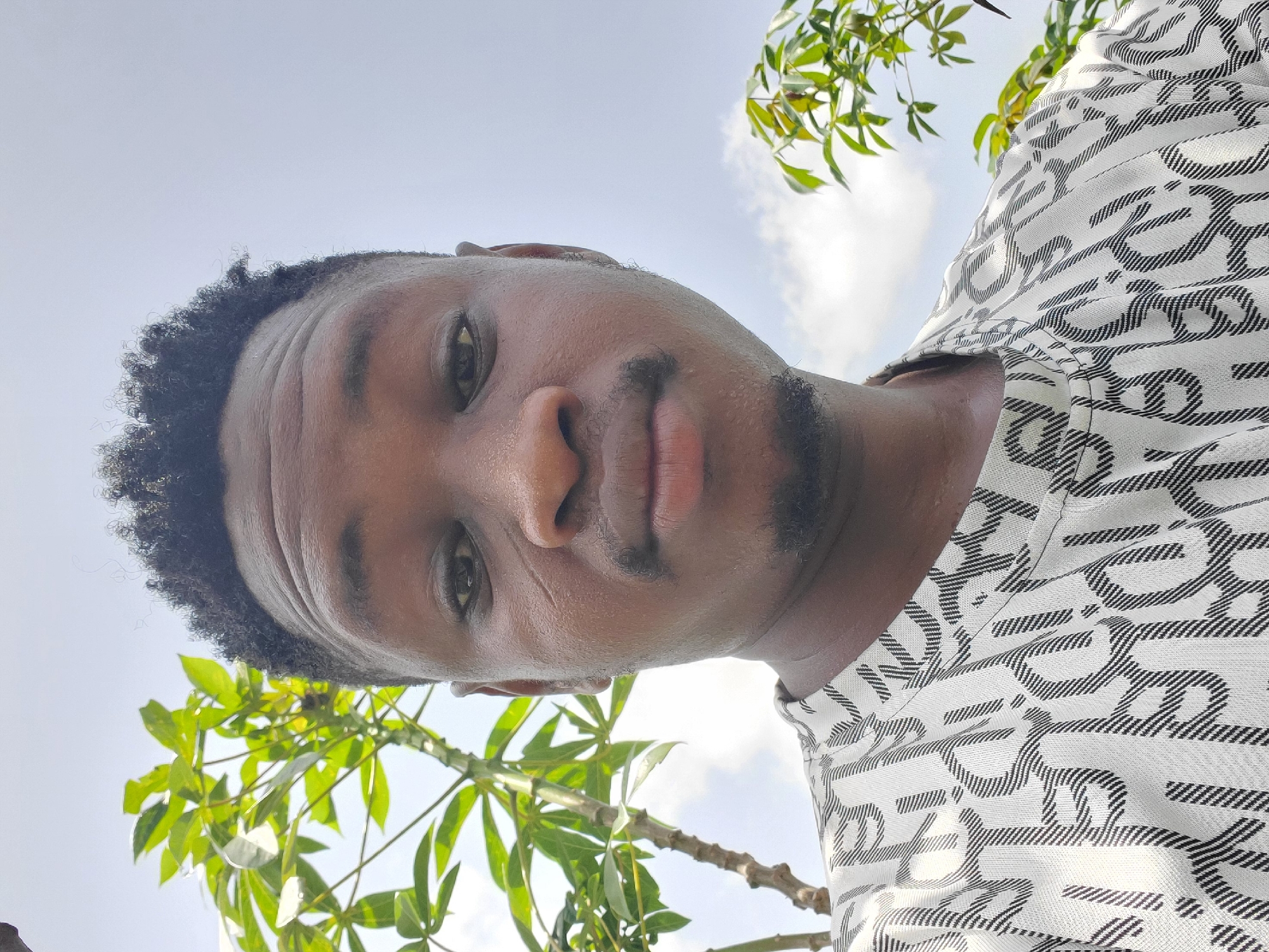 A close-up, low-angle portrait of a Black male with dark, short curly hair, light stubble, and brown eyes, is positioned against a bright sky. The subject is wearing a white shirt with a complex black pattern. Green foliage from a tree is visible in the lower left and upper right of the frame. The sky is partially cloudy. The location is presumed to be outdoors during daylight hours in Mararaba, Nigeria.
