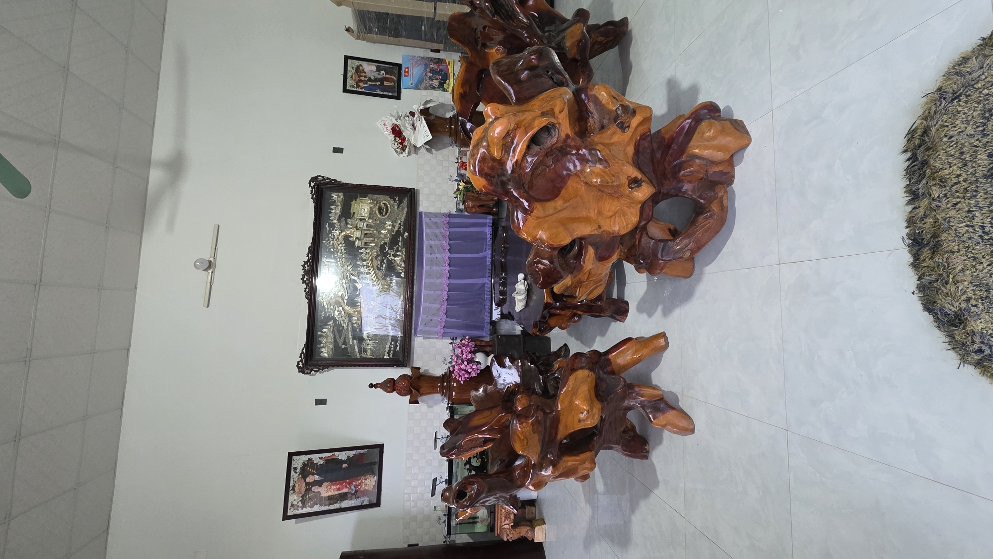 The image depicts a living room interior in what appears to be a home in Bờ Y, Vietnam. The room features light-colored tile flooring. Dominating the scene are two large, sculptural pieces of furniture made from polished wood roots. The smaller piece is located at the lower center of the image, while the larger piece is positioned near the upper right.
Other items include a large, ornately framed picture hanging on the left wall, below which is a smaller framed picture. There is also a piece of furniture covered with a lavender-colored net. Additional decorative items, including flowers and a small statue, are seen on the furniture. A circular area rug is placed in the upper right corner. The ceiling fan is partially visible on the upper left.
