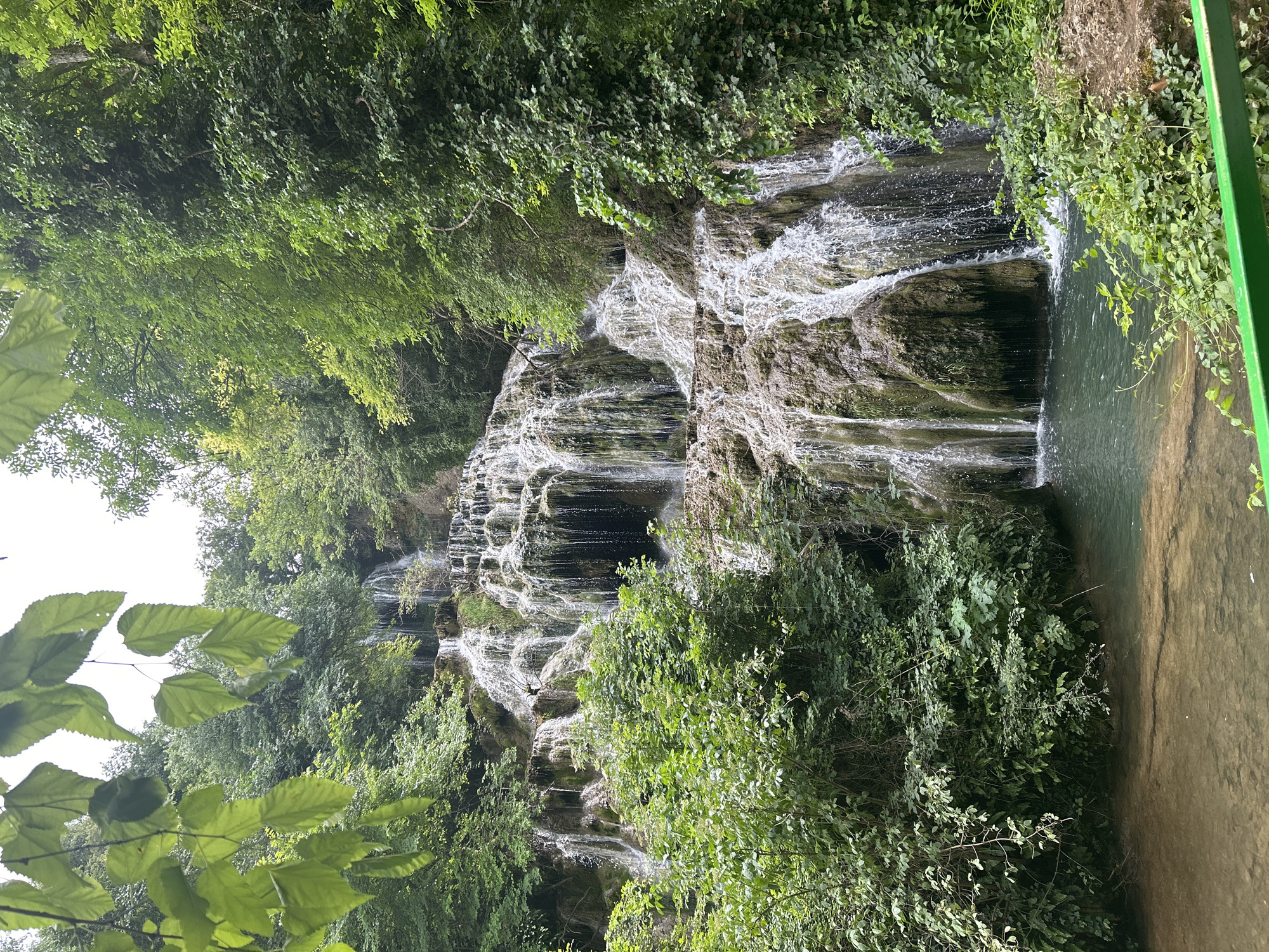 The image depicts Krushuna Waterfall, a cascading natural wonder located in Krushuna, Bulgaria. The waterfall is characterized by multiple tiers of water flowing over moss-covered rocks, creating a textured and dynamic spectacle. Lush green foliage, including trees and dense undergrowth, surrounds the waterfall, framing it on all sides and contributing to a verdant and wild atmosphere. The water collects in a serene pool at the base, with a sandy bottom visible in shallower areas. The overall scene is one of natural beauty and tranquility, with the white of the falling water contrasting with the rich greens of the surrounding vegetation. No people or animals are visible in the image.