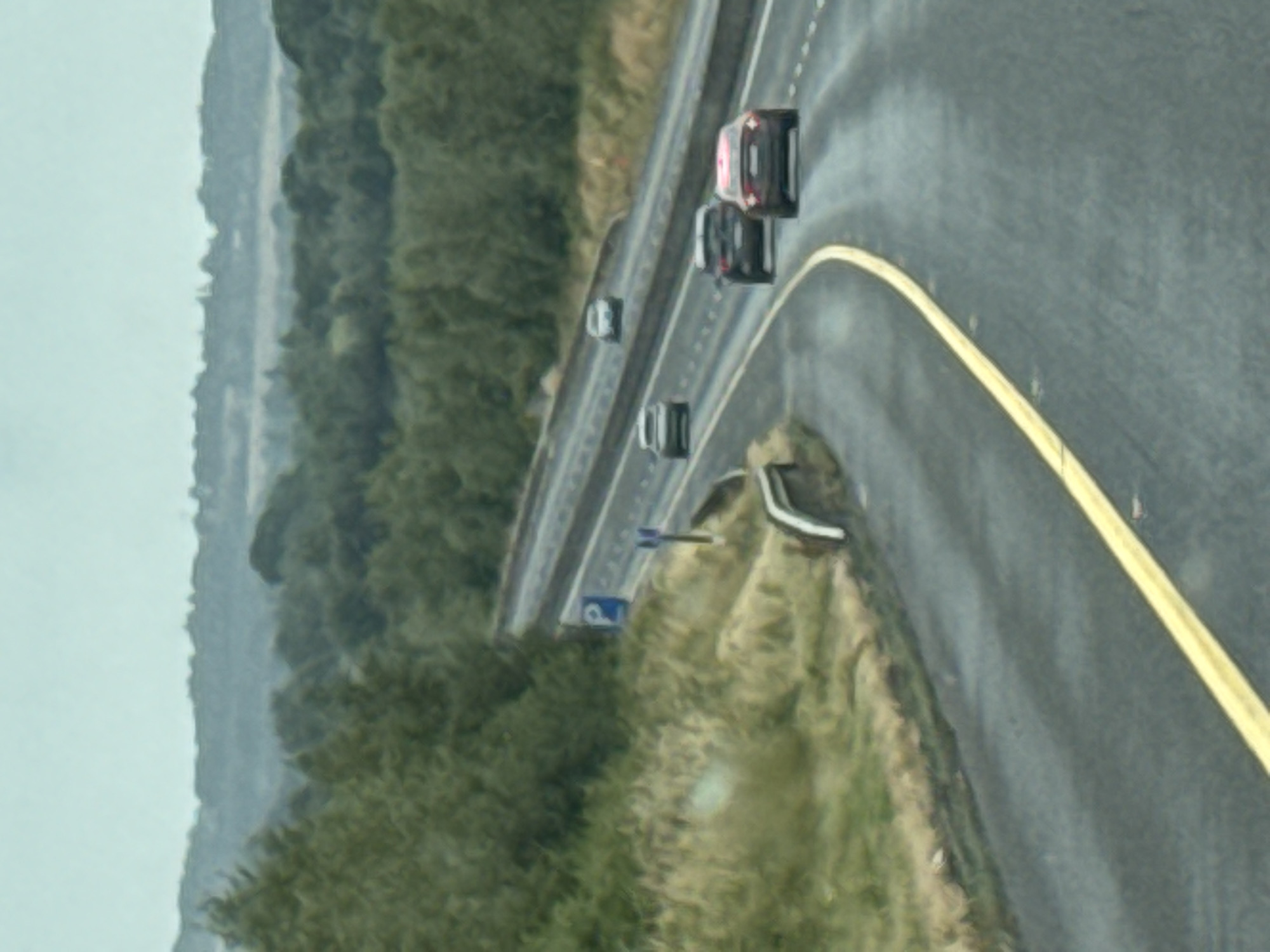This image captures a view of a multi-lane highway in Gaulsmills, Ireland, on an overcast day. The highway is bordered by a grassy verge with trees and foliage on the left and a concrete barrier on the right. A yellow line demarcates the lanes of the road. Several cars are visible, driving in the same direction. One car, a dark-colored sedan with red taillights, is prominently in the foreground on the right. Further up the highway, a dark SUV and two lighter-colored cars are also in motion. A blue parking sign with a white "P" is visible on the left side of the road. The background consists of a dense, green treeline extending to the horizon, with a hazy, pale sky above.
