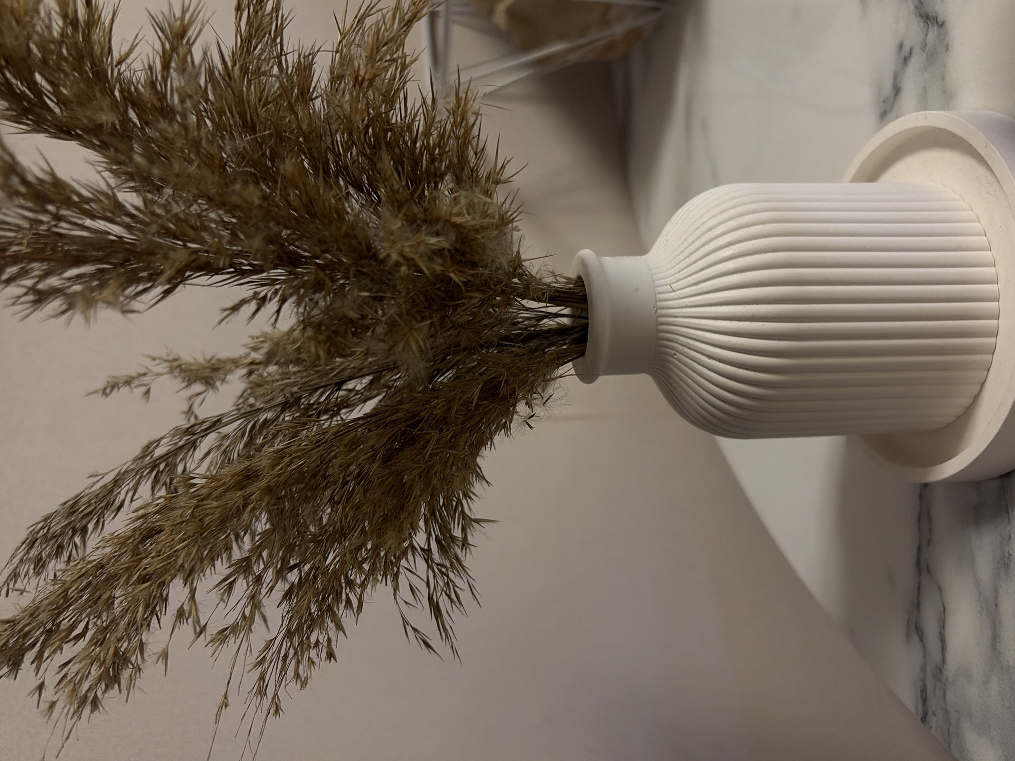 A white, ribbed vase with dried reeds is displayed on a white surface, part of which has a marble pattern. The reeds are tan and bushy, filling the frame. The vase has a wide, flat base and a narrow neck. The background is a light, neutral color. No people are visible. There is no information to identify the location as Krasnodar, Russia.