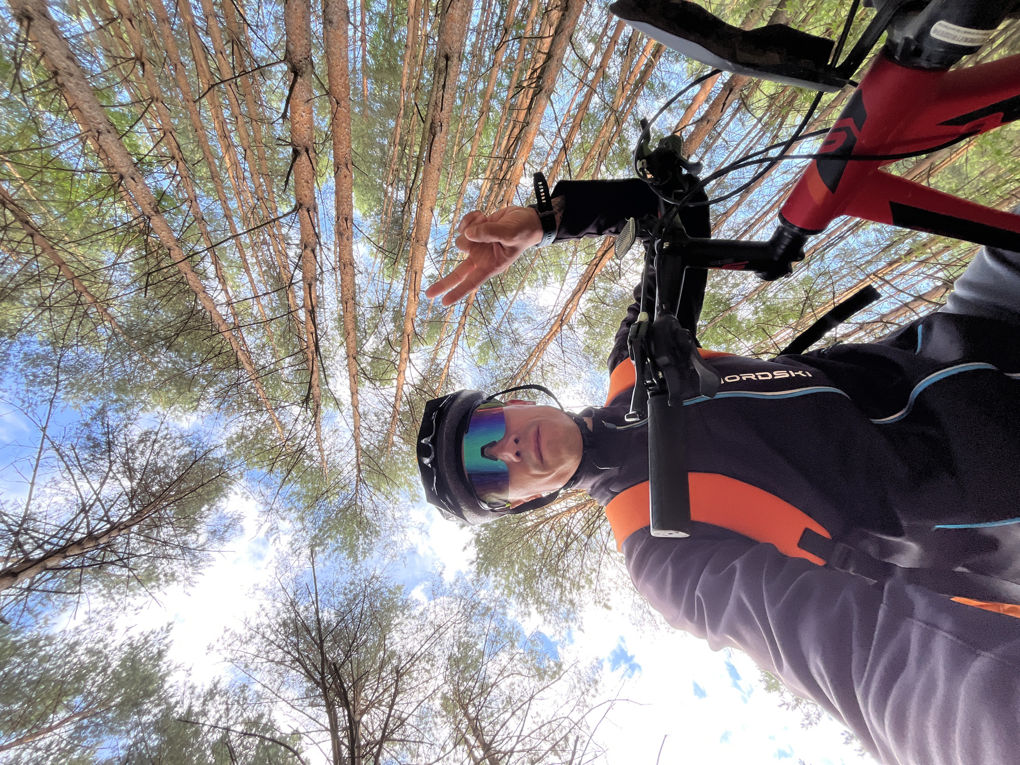 This media file captures a first-person perspective of a person on a bicycle in a forest. The viewpoint is looking upwards towards the sky, framed by the trees and the bicycle itself.
The subject is wearing a black helmet with iridescent goggles that reflect the sky and surrounding foliage. They are also wearing a black and orange cycling jersey with the word "ORDSKI" visible on the sleeve. The person is holding up two fingers in a peace sign with their left hand.
The scene is set in a forest with tall, slender pine trees that dominate the upper portion of the frame, their branches creating a canopy against a bright blue sky with scattered clouds. Sunlight filters through the branches, suggesting it is daytime. The ground is not visible, but the context implies an outdoor activity.
The activity taking place is cycling, likely on a trail given the forest setting. The overall mood appears to be cheerful and adventurous, as indicated by the peace sign gesture. The location is identified as Chaikovsky, Russia. The time of day is likely daytime, given the bright sky and sunlight.