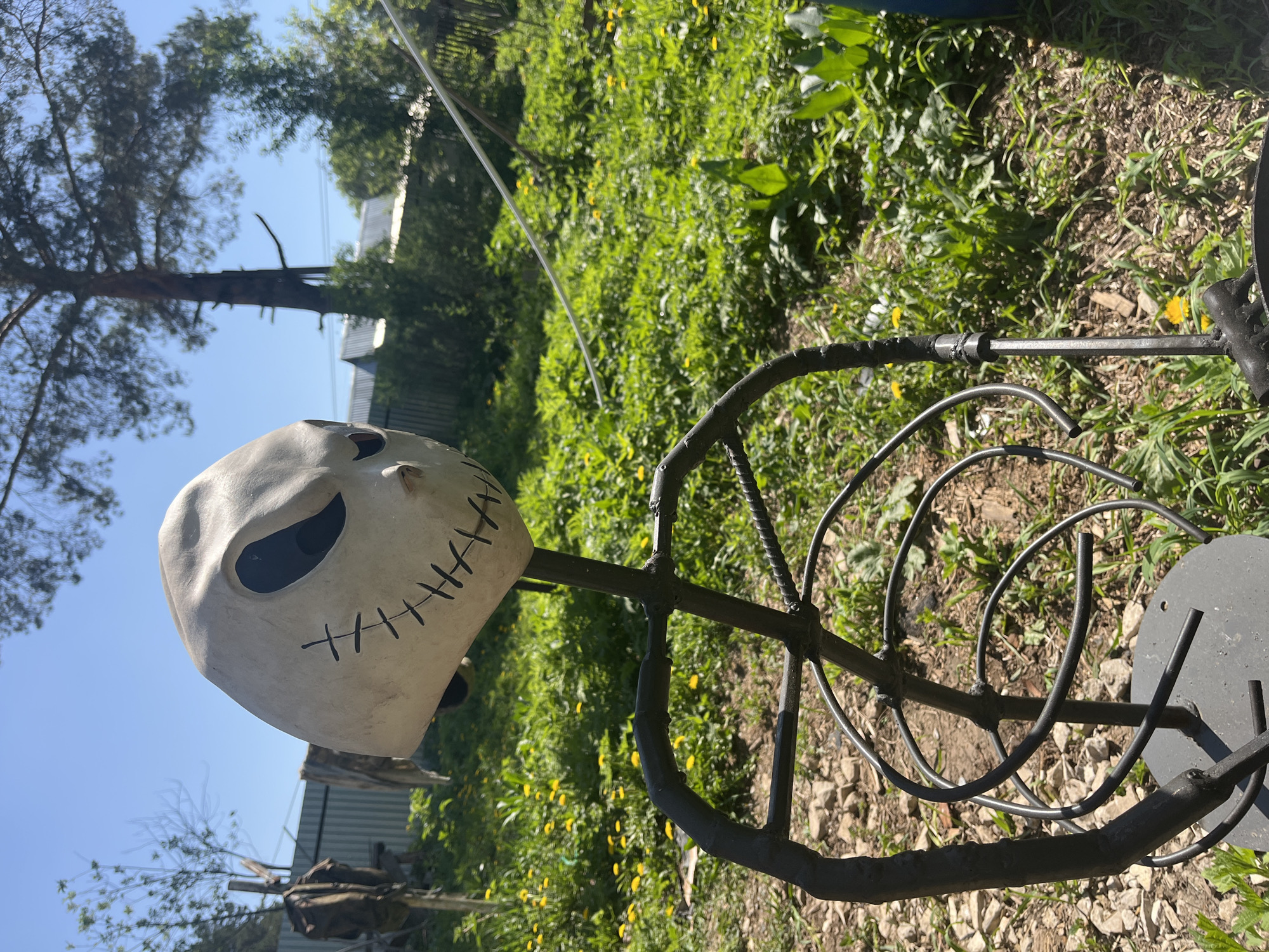 Observed in an outdoor, possibly residential environment, is a stylized, black metal sculpture topped with a white, mask-like head bearing features reminiscent of Jack Skellington from "The Nightmare Before Christmas." The sculpture is positioned amongst green vegetation and gravel, with a tree and partial view of a building in the background under a clear, blue sky. The location is identified as being in the city of Unknown, Unknown.