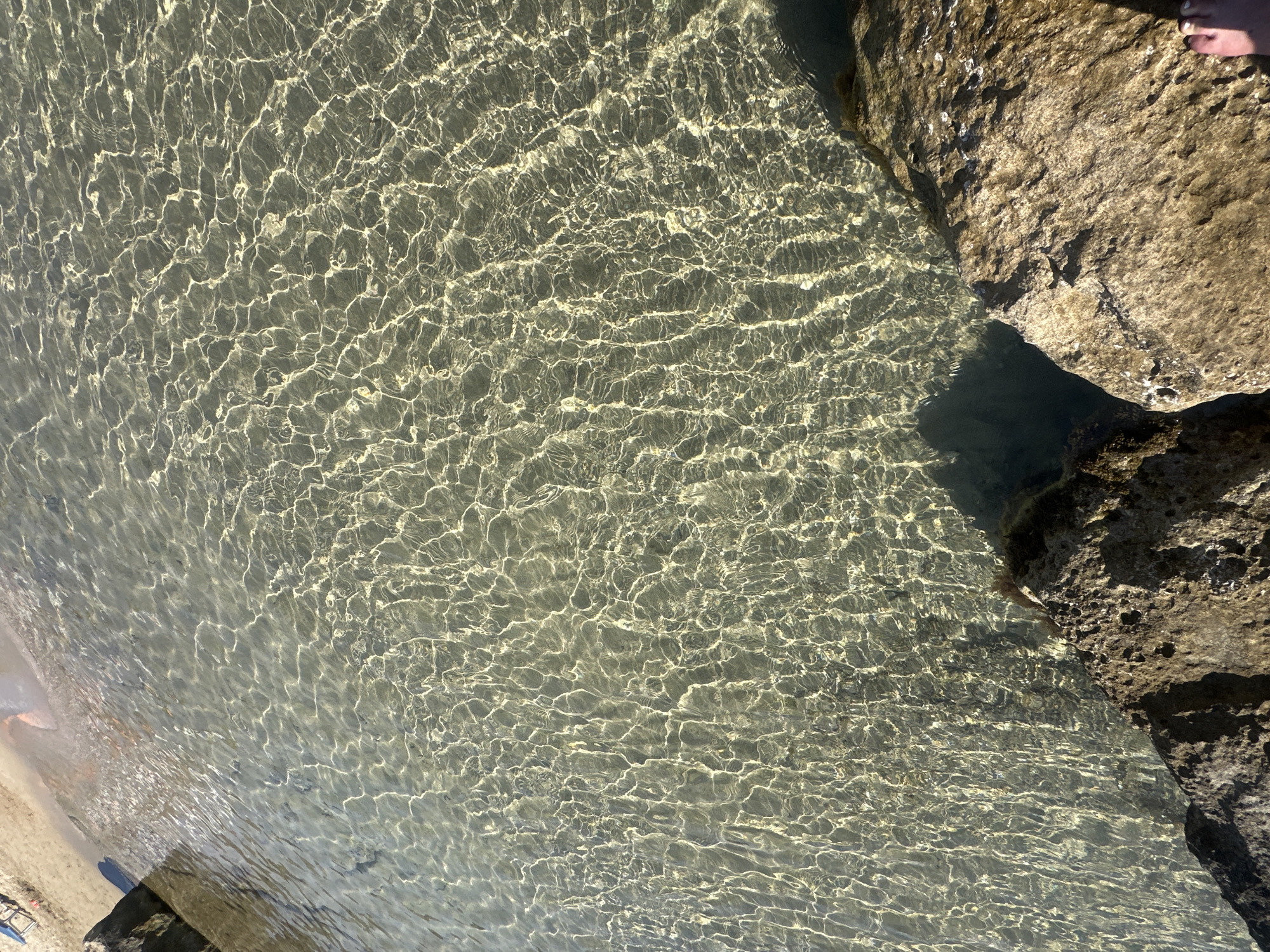The image shows a shallow body of clear water, possibly a beach or a calm bay, with a sandy bottom visible through the ripples. The sunlight creates shimmering patterns on the water's surface. In the foreground, there are rough, textured rocks. On the far left of the image, a patch of sand and what appears to be a beach chair can be seen. In the lower right corner, a person's feet are visible, suggesting they are standing near the water. The scene evokes a sense of a serene coastal environment. The location is identified as Peyia, Cyprus.