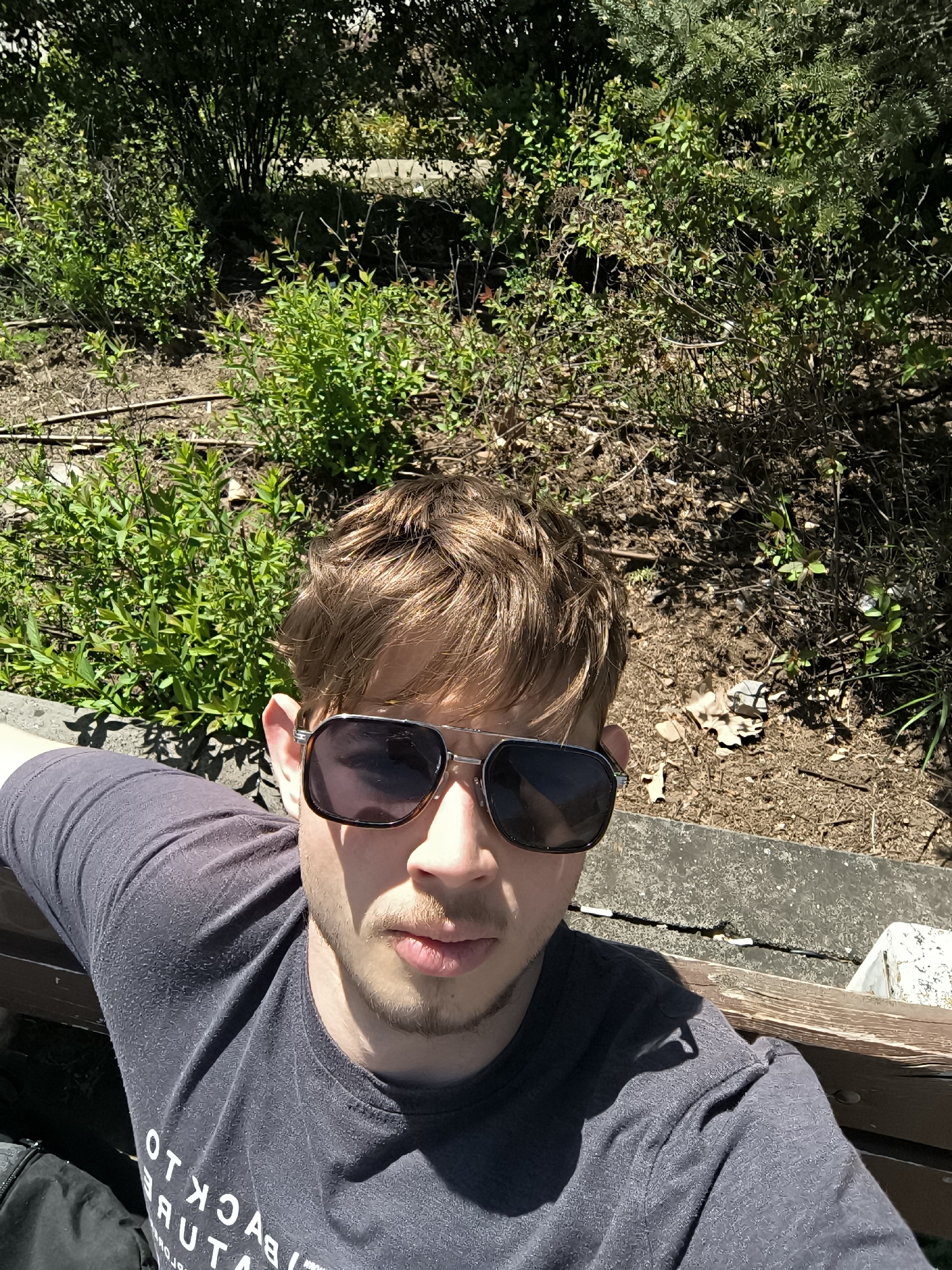 A close-up, high-angle selfie captures a young man sitting on a wooden park bench on a bright, sunny day in Sofia, Bulgaria. He has light brown, wavy hair and light stubble/beard, and wears dark, aviator-style sunglasses that obscure his eyes, giving him a neutral expression. He is dressed in a dark grey t-shirt with a textured pattern. The t-shirt displays mirrored white text on the chest, which reads "BLACK BEAR" when viewed correctly.
Strong, direct sunlight illuminates the scene, casting prominent shadows on his face and shirt, as well as across the ground behind him, indicating a clear, sunny day, likely midday or early afternoon. The background consists of a vibrant green garden area, featuring various bushes and smaller leafy plants. Some areas show exposed earth with dried leaves and thin branches, and visible irrigation lines. A weathered concrete border separates the seating area from the planted beds. The overall scene suggests a relaxed moment outdoors in a park or garden setting.