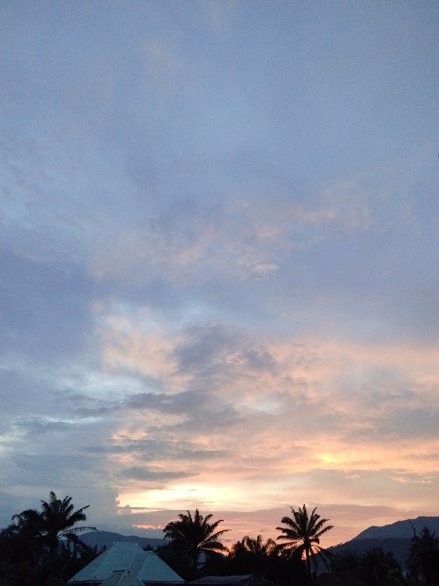 The image captures a serene sunset over Serti, Nigeria. The sky is a canvas of soft blues, grays, and pinks, with scattered clouds illuminated by the fading sunlight. Silhouetted palm trees stand tall against the horizon, their fronds dark against the vibrant sky. In the foreground, the roof of a building is visible, suggesting a residential or urban area. The overall atmosphere is peaceful and tranquil, evoking the beauty of a tropical evening.