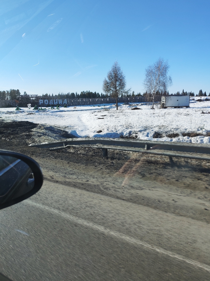 The image depicts a rural or semi-rural winter landscape near Bolgury, Russia, captured from a vehicle under a clear blue sky. In the foreground, the upper portion of a vehicle's left side mirror is visible, alongside a dirt-streaked asphalt road and a metal guardrail paralleling the road. Beyond the guardrail, the immediate ground is a mix of dirty snow and dark, exposed earth.
The midground features uneven terrain partially covered in snow, with bare patches of dirt. Two prominent leafless trees stand: a conifer with brown branches on the left and a white-barked deciduous tree, likely a birch, on the right. A white, rectangular container or mobile unit is situated on the snow-covered ground to the right of the birch tree. A small, light-colored animal, possibly a dog, is visible walking on a snow path in the central midground. Several small, green, cone-shaped objects, resembling artificial trees, are scattered in the snow closer to the background.
The background is dominated by a long, rustic fence constructed from vertical wooden poles. Behind this fence, a large sign displaying the Cyrillic word "РОДИНА" (RODINA, meaning "Homeland" or "Motherland") in white letters is mounted on a dark structure. A dense line of coniferous forest forms the distant horizon behind the fence and sign. No human figures are present in the scene.