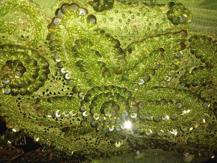 The image shows a close-up of vibrant green fabric, possibly a dress or costume detail. It's heavily embellished with beads, sequins, and ornate embroidery. The design features floral and circular motifs, densely packed together. The texture is rich and shimmering, with a three-dimensional appearance. The overall effect is opulent and decorative. Some sparkle from the sequins creates a bright glint.