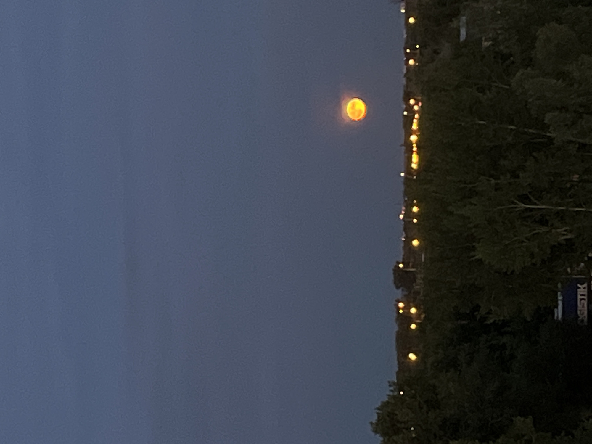 A full moon, appearing bright orange, hangs in the dusky blue sky above the cityscape of Samara, Russia. The moon is positioned in the upper right quadrant of the image. Below the moon, a line of warm yellow lights stretches horizontally across the frame, indicating a developed area with artificial illumination. Dark green trees form a dense layer in the foreground, partially obscuring the lower portion of the cityscape. The sky is a deep, muted blue, suggesting either dawn or dusk. There are no people or animals visible in the image. The overall atmosphere is serene and nocturnal.
