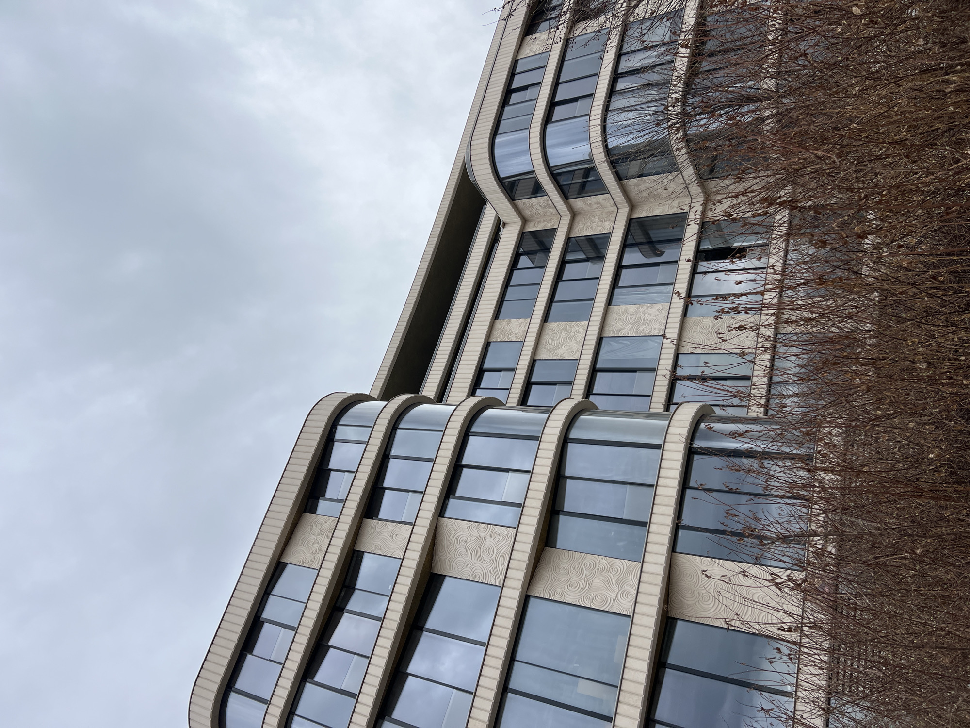 The image displays a modern, multi-story building situated at Kutuzovsky Prospekt 33 in Moscow, Russia, viewed under an overcast, light grey sky. The building's facade is constructed from light beige, textured panels, featuring prominent curved sections composed of large, dark-tinted glass windows. Between some window arrays, the panels incorporate intricate, swirling relief patterns. Horizontal bands separating the floors also present a ribbed texture. The lower portion of the building is partially obscured by a dense layer of bare, dry, brown shrubbery in the foreground. No individuals, actions, or specific interactions are discernible.