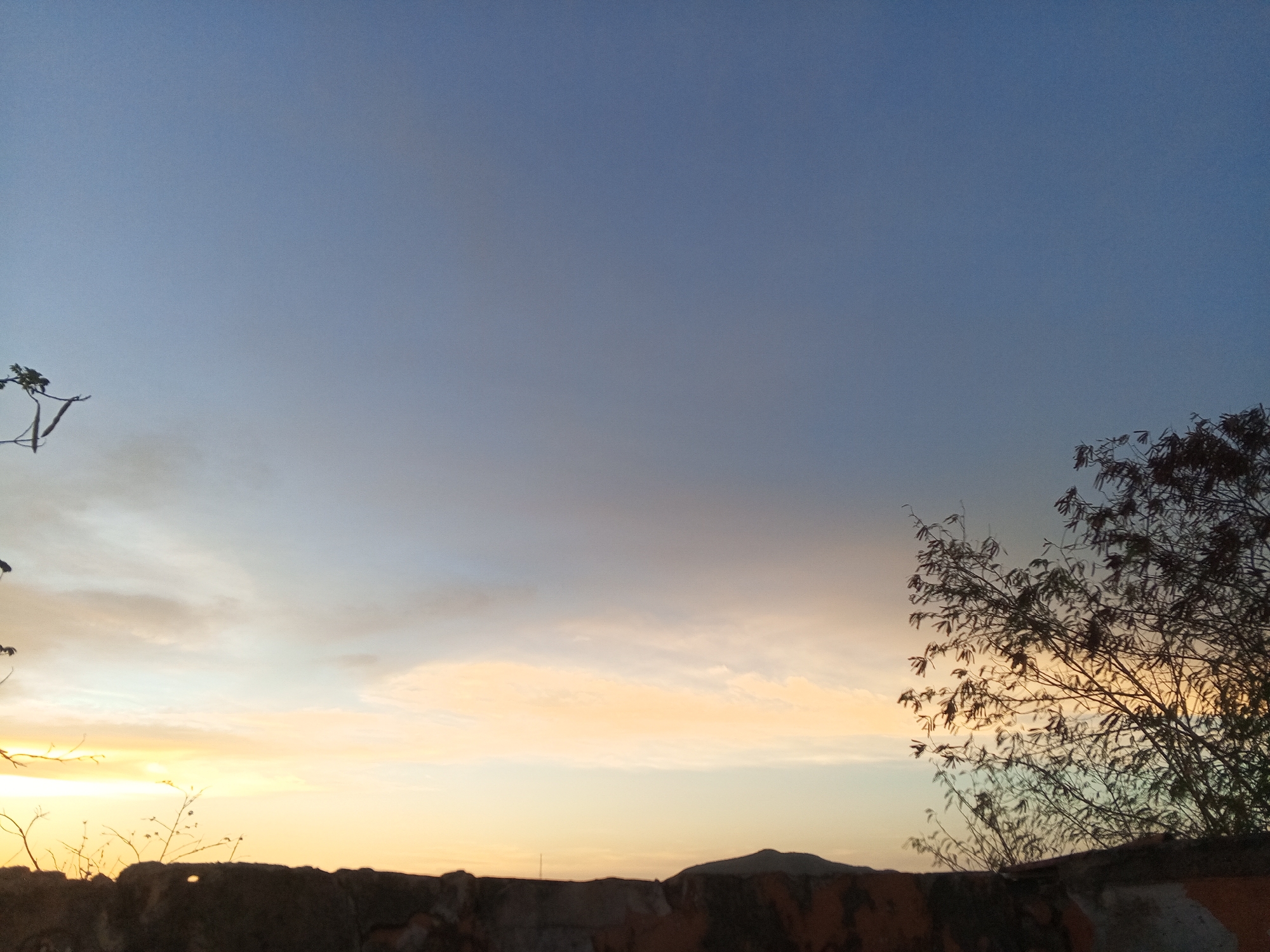 The image depicts a sunset in Juan Griego, Venezuela. The sky transitions from blue at the top to orange near the horizon. A low brick wall runs across the lower portion of the frame. Behind the wall, a silhouette of a small mountain is visible. Bare tree branches are silhouetted against the sky on the left and right sides. The time of day is dusk. No people are visible.
