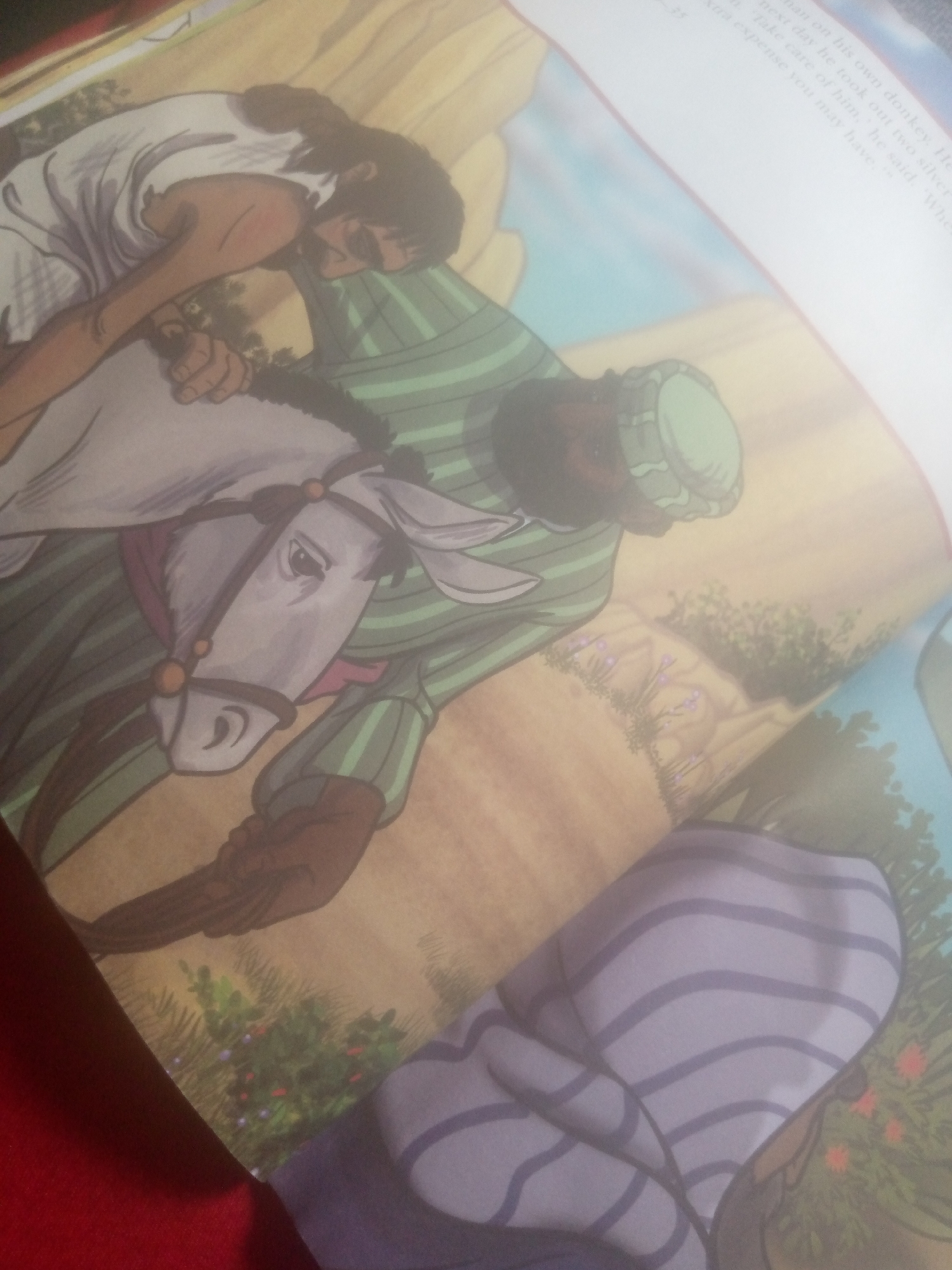 The image shows an illustration from a book depicting a man riding a donkey. The man is wearing a white robe and has dark hair. He appears to be leaning back, resting his head on his arm, which is draped over the donkey's neck. The donkey is light gray with a red bridle and is wearing a green and white striped blanket. The man is also wearing a green and white striped garment over his robe. The background is a desert landscape with rocks and sparse vegetation. The image is a close-up, angled shot of the illustration, with a portion of the book's text visible in the upper right corner. There is no discernible information within the image or its crops that indicates the location in the city of Jalingo, Nigeria, or any forensic context.