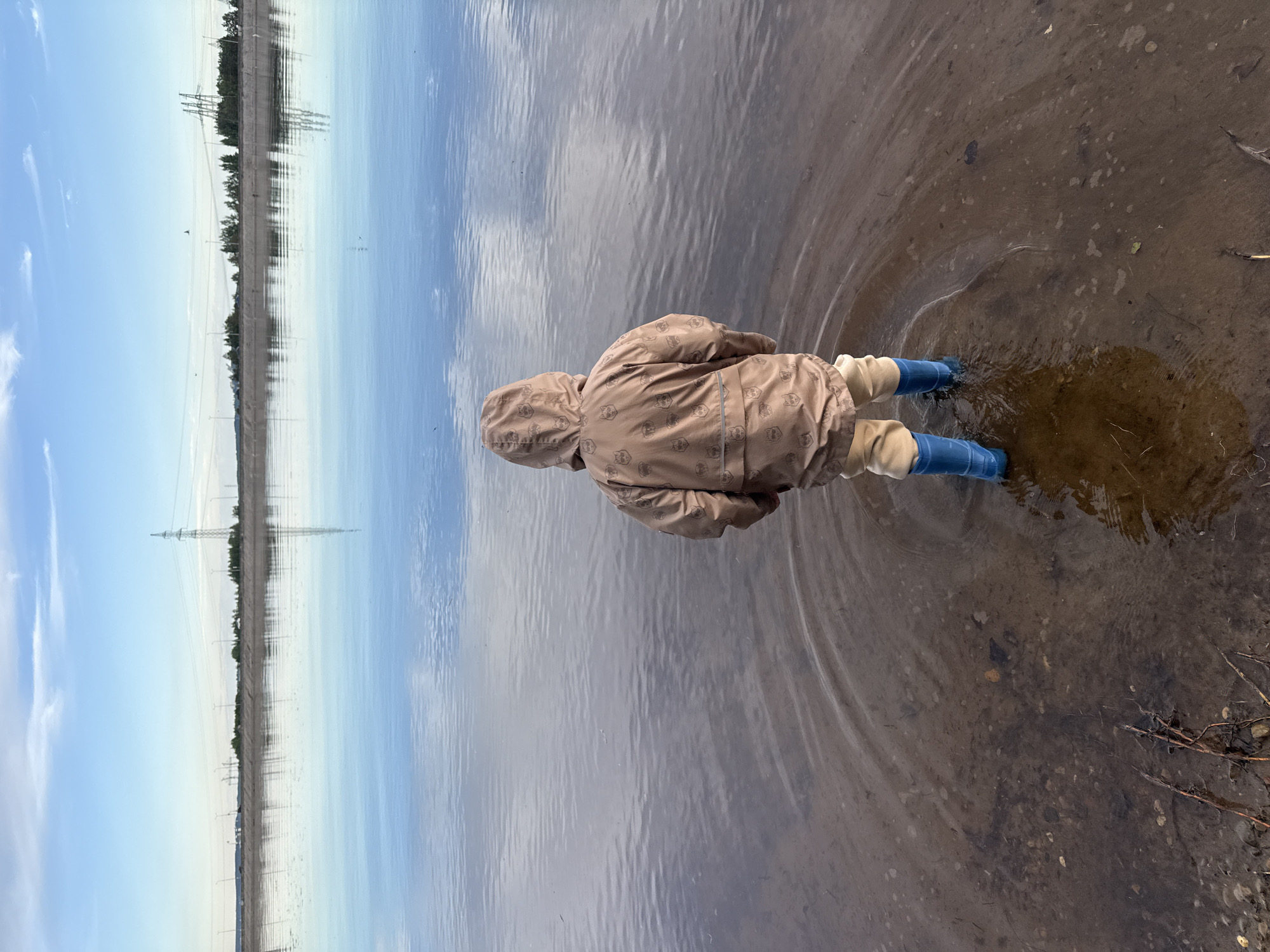 A child in a brown patterned jacket and blue rubber boots stands in shallow water with a muddy bottom near the shoreline. The water reflects the sky, a distant concrete structure, and power lines. The location is Noviy, Russia. The child is facing away from the camera, looking into the water. The shoreline is littered with twigs and mud. The sky is partly cloudy.