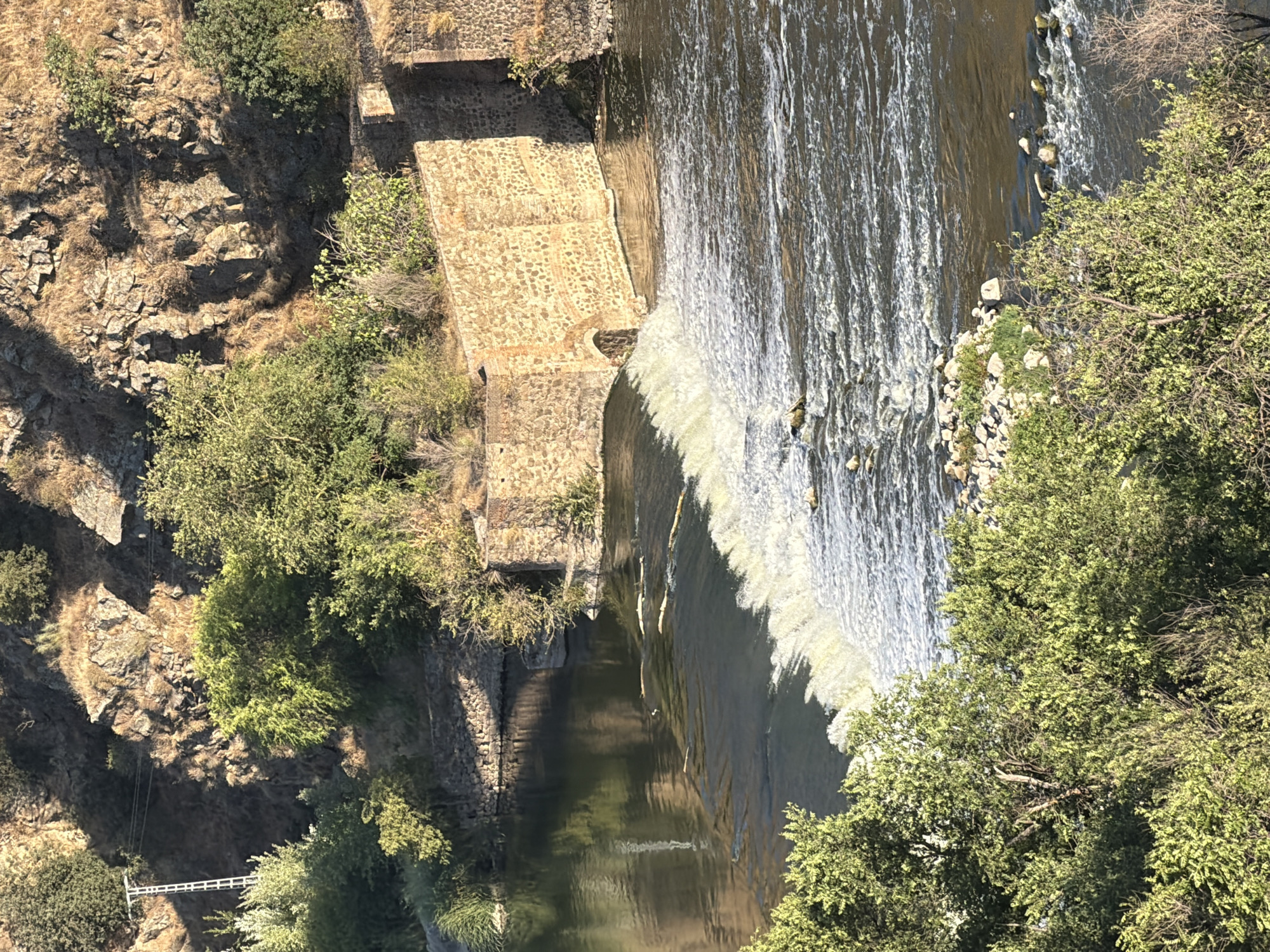 The image shows a view of the Tagus River in Toledo, Spain, with a man-made waterfall or weir. A stone structure with an arched opening is visible on the right bank, likely part of an ancient water management system. Lush green trees and vegetation line the riverbanks and the rocky hills in the background. The water is flowing rapidly over the weir, creating white foam and turbulence. Several small logs or branches are floating in the calmer water upstream of the weir. The scene is bathed in warm sunlight, suggesting it was taken during the day.