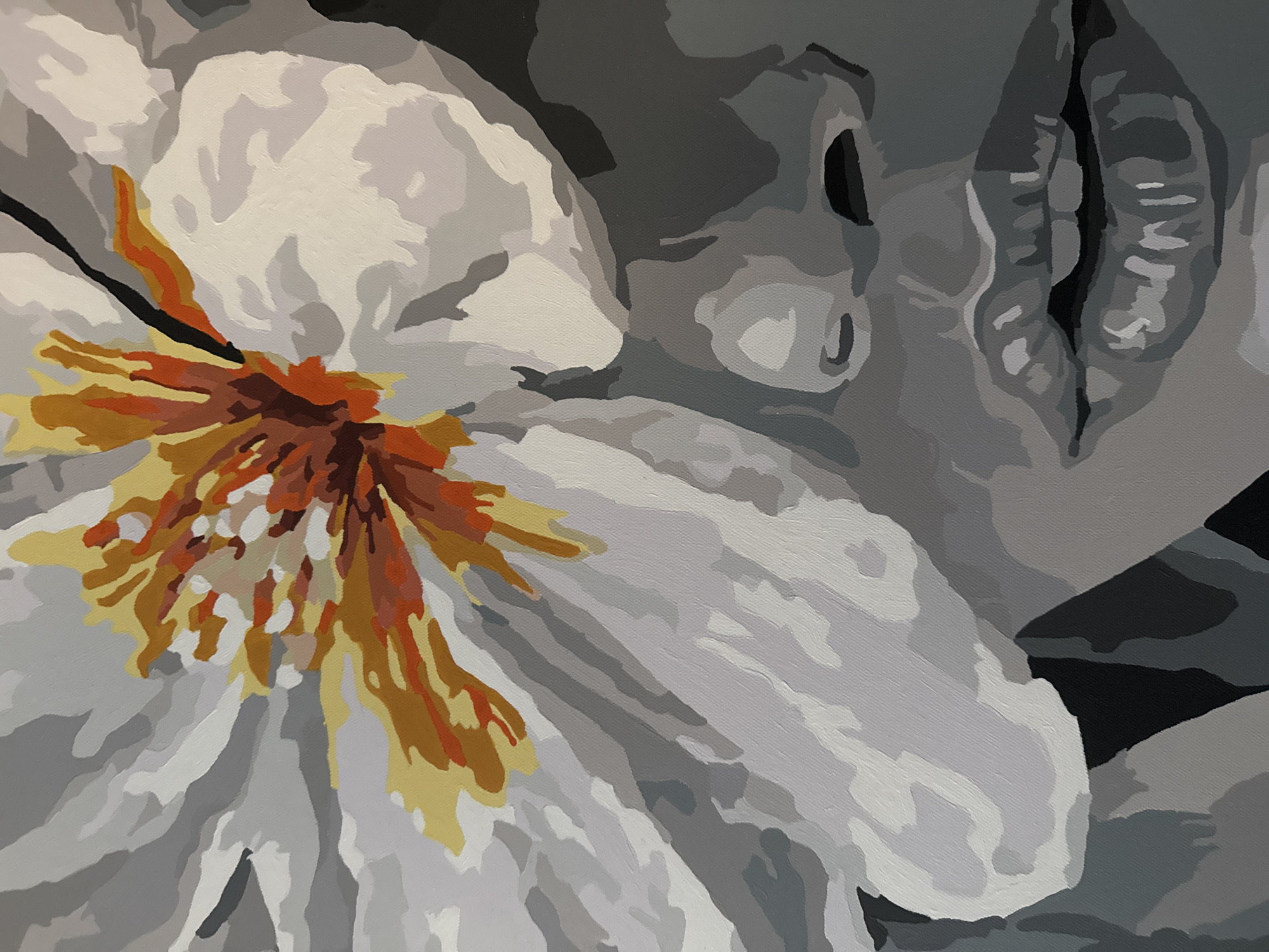 The image appears to be a close-up of a painting or digitally rendered image with a focus on a flower and a partial human face. The flower, predominantly white and grey with shades of orange and yellow in the center, dominates the left side of the image. To the right, a grayscale depiction of a face is visible, showing the nose, lips, and part of the cheek. The style of the image is highly stylized with distinct blocks of color, resembling a paint-by-numbers aesthetic. There is no information available from the image alone to determine its location in the city of Chaikovsky, Russia.