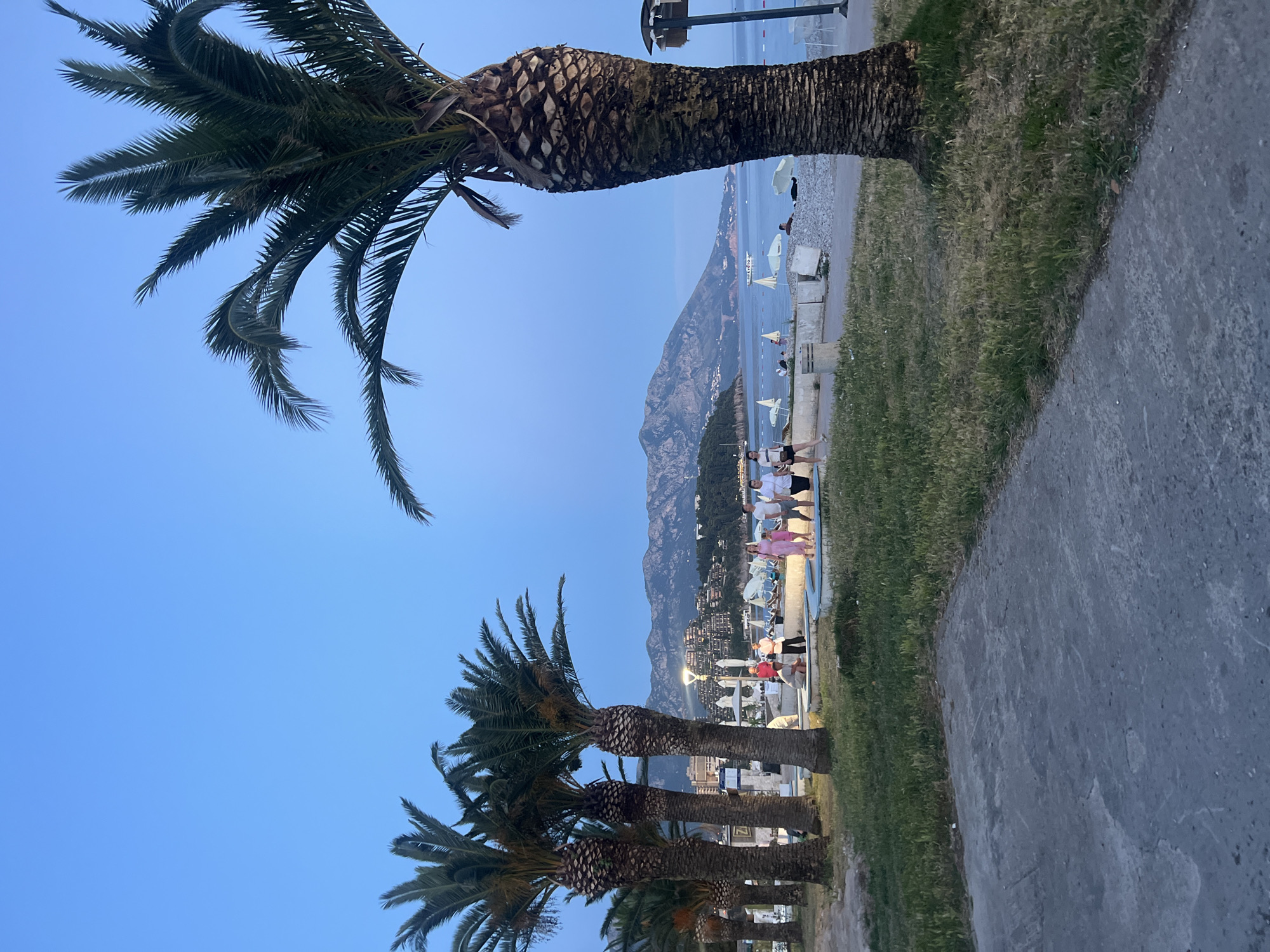 The image depicts a coastal promenade in Budva, Montenegro, during twilight. In the foreground, a concrete path borders a grassy area with several palm trees. Behind the palm trees, a beach area is visible with lounge chairs and umbrellas. Further in the background, the Adriatic Sea stretches out, with a few boats on the water. Mountains form a backdrop to the scene, with buildings dotted on their slopes. Several people are seen walking along the promenade and on the beach. The sky is a deep blue, indicating either dawn or dusk. The lighting suggests artificial lights are on in the distance, illuminating parts of the buildings and the promenade.