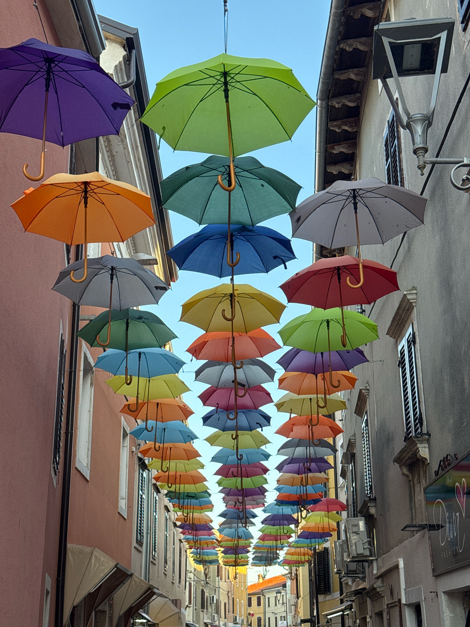 The image captures an overhead view of a narrow street in the city of Novigrad, Croatia, adorned with a vibrant canopy of open umbrellas. The umbrellas, in a multitude of colors including purple, green, orange, blue, yellow, and grey, are suspended by strings, creating a dynamic and cheerful overhead installation. The street is flanked by buildings with textured facades, characteristic of European architecture, featuring windows and shutters. Sunlight filters through the umbrellas, casting shadows and illuminating the scene. The sky above is a clear blue. The absence of people suggests the image was taken during a quiet period. The scene is likely a tourist attraction or a decorative element within the city.