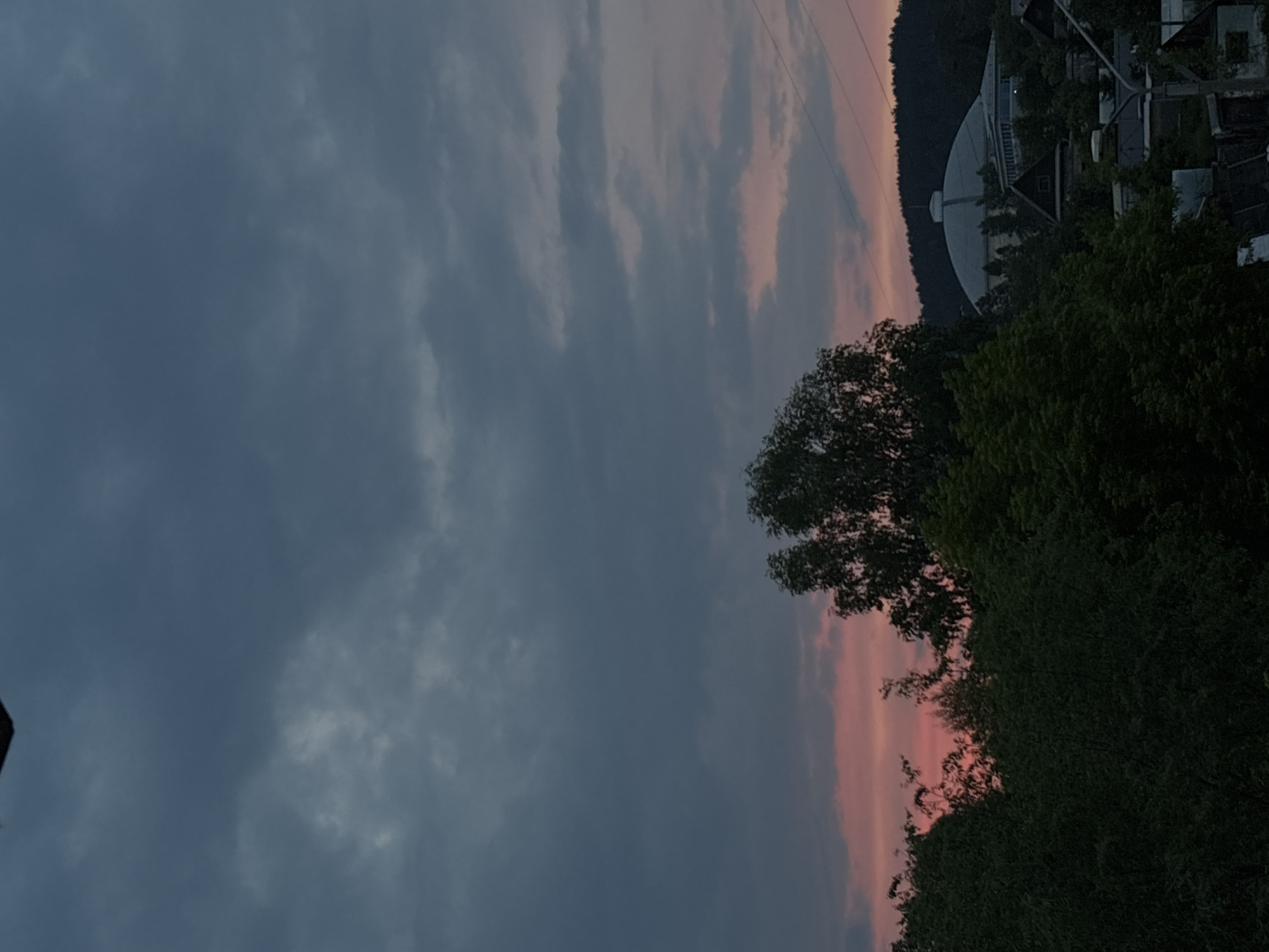 The image captures a twilight scene in Zheleznogorsk, Russia, featuring a prominent domed building nestled behind a dense line of trees. The sky is overcast with dark, moody clouds, but a soft band of pink and orange light near the horizon suggests the last vestiges of sunset. The domed structure appears to be a large public building, possibly a stadium or exhibition hall, with a rounded roof and a central spire or ventilation shaft. Smaller buildings, including what appears to be a house with a dark roof, are visible in the foreground. The overall impression is of a somewhat industrial or residential area against a dramatic, cloudy sky.