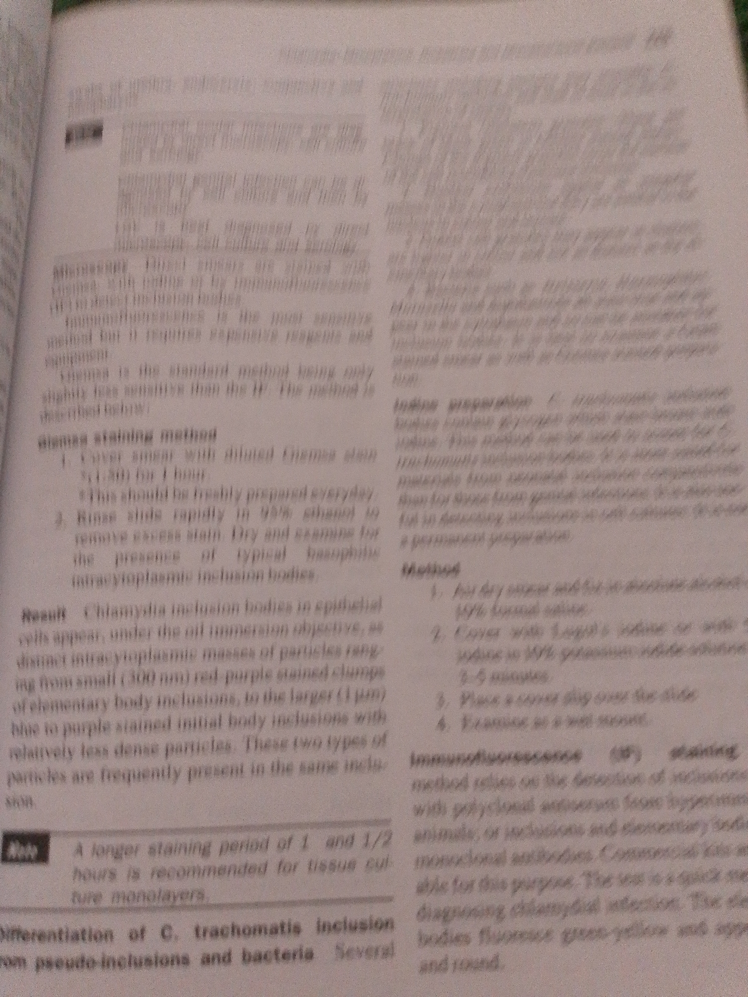 The image is a photograph of a page from a medical textbook or journal. It contains text describing diagnostic methods for chlamydial infections. There is no information about the city of Jalingo, Nigeria, or any other geographical location. The text includes headings such as "Giemsa staining method," "Result," "Note," and "Immunofluorescence (IF) staining." It details procedures, expected outcomes, and considerations for diagnosing chlamydial infections using microscopy and immunofluorescence techniques.
