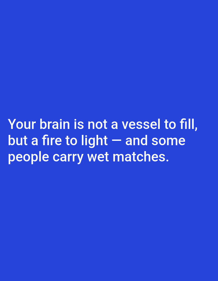 The image displays white text on a solid blue background. The text reads: "Your brain is not a vessel to fill, but a fire to light — and some people carry wet matches." There is no information within the image to suggest any connection to Stavropol, Russia.