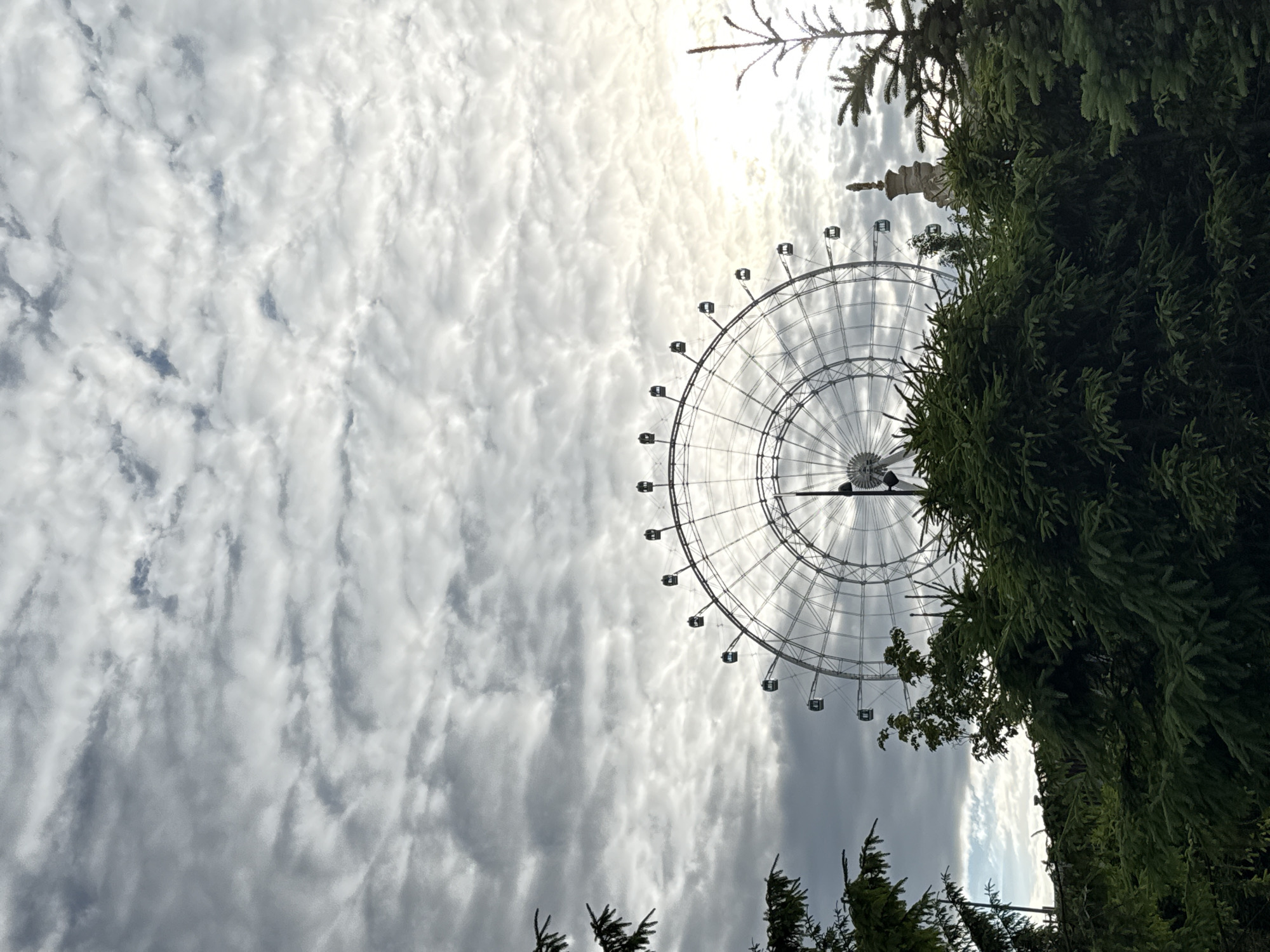 The media file presents an outdoor daytime scene in Moscow, Russia, featuring a large Ferris wheel set against a cloudy sky, framed by lush green trees. The image appears to be taken from a low angle, looking upwards towards the attractions.
The most prominent subject is a tall, modern Ferris wheel, likely "The Sun of Moscow" (Solntse Moskvy) given the location context. It occupies the central and right portions of the frame, with its metallic structure and passenger cabins clearly visible. The sun, a bright glare, is positioned behind the upper section of the wheel, creating a slight halo effect and backlighting its intricate framework.
The sky is heavily overcast with a mixture of bright white and darker grey clouds, suggesting variable weather conditions. These clouds exhibit a textured, almost rippled appearance in some areas.
On the right side and extending into the foreground, a dense mass of coniferous trees with dark green foliage frames the scene, partially obscuring the Ferris wheel and other background elements. Through gaps in the trees, a light-colored, ornate monument or statue can be glimpsed in the mid-ground, further hinting at a significant public park or tourist area.
The scene depicts a peaceful daytime setting, consistent with a visit to an amusement park or large urban park. No specific activity, events, or people are discernible within the frame. There is no visible text in the image.