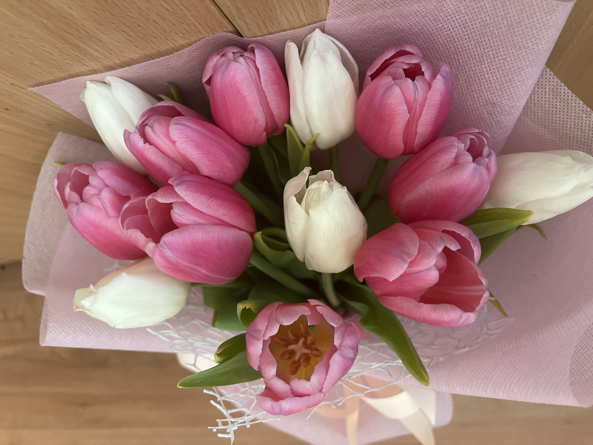 A close-up, overhead shot depicts a bouquet of tulips. The bouquet consists of pink and white tulips, arranged in a cluster, wrapped in a light pink mesh-like paper. Some of the pink tulips are in full bloom, revealing their interior. The stems are partially visible, interspersed among the flowers. The bouquet rests on a light-colored wooden surface, which serves as the background. There is no indication of this being taken in Sofia, Bulgaria.