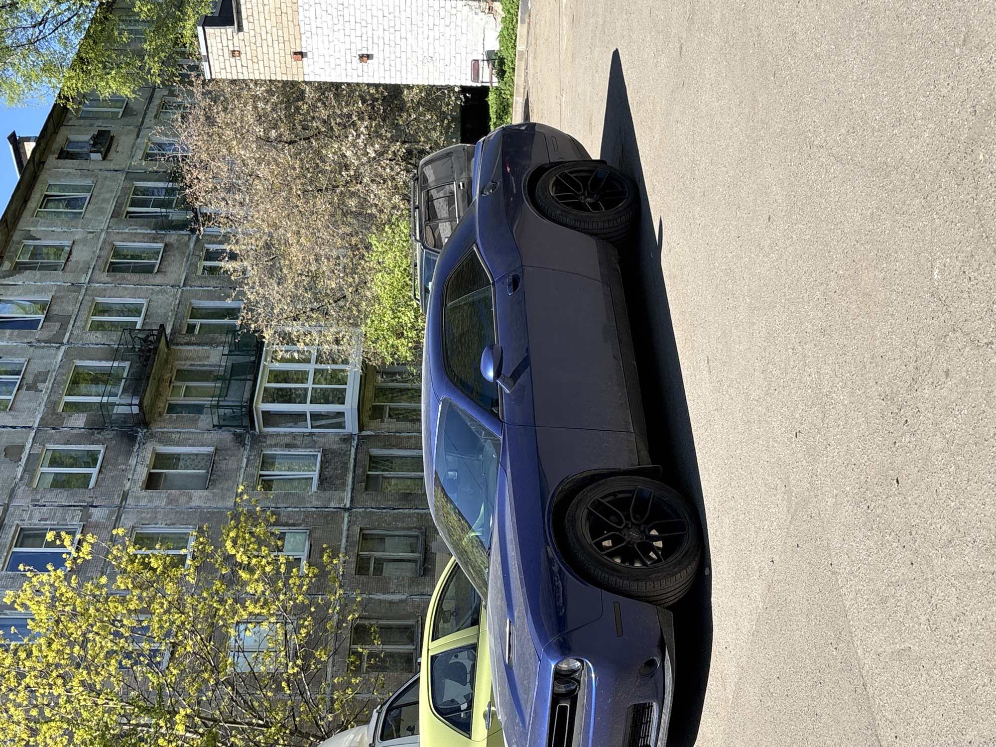 The image shows a blue car parked on a concrete surface, likely a road or parking area. In the background, there is a large, multi-story building with numerous windows, typical of Soviet-era architecture. To the left, there are trees with fresh spring foliage. This combination of features, particularly the architecture, suggests the location is most likely in a residential area within the city of Saint Petersburg, Russia. There are also other cars parked nearby, with a yellow one in particular.