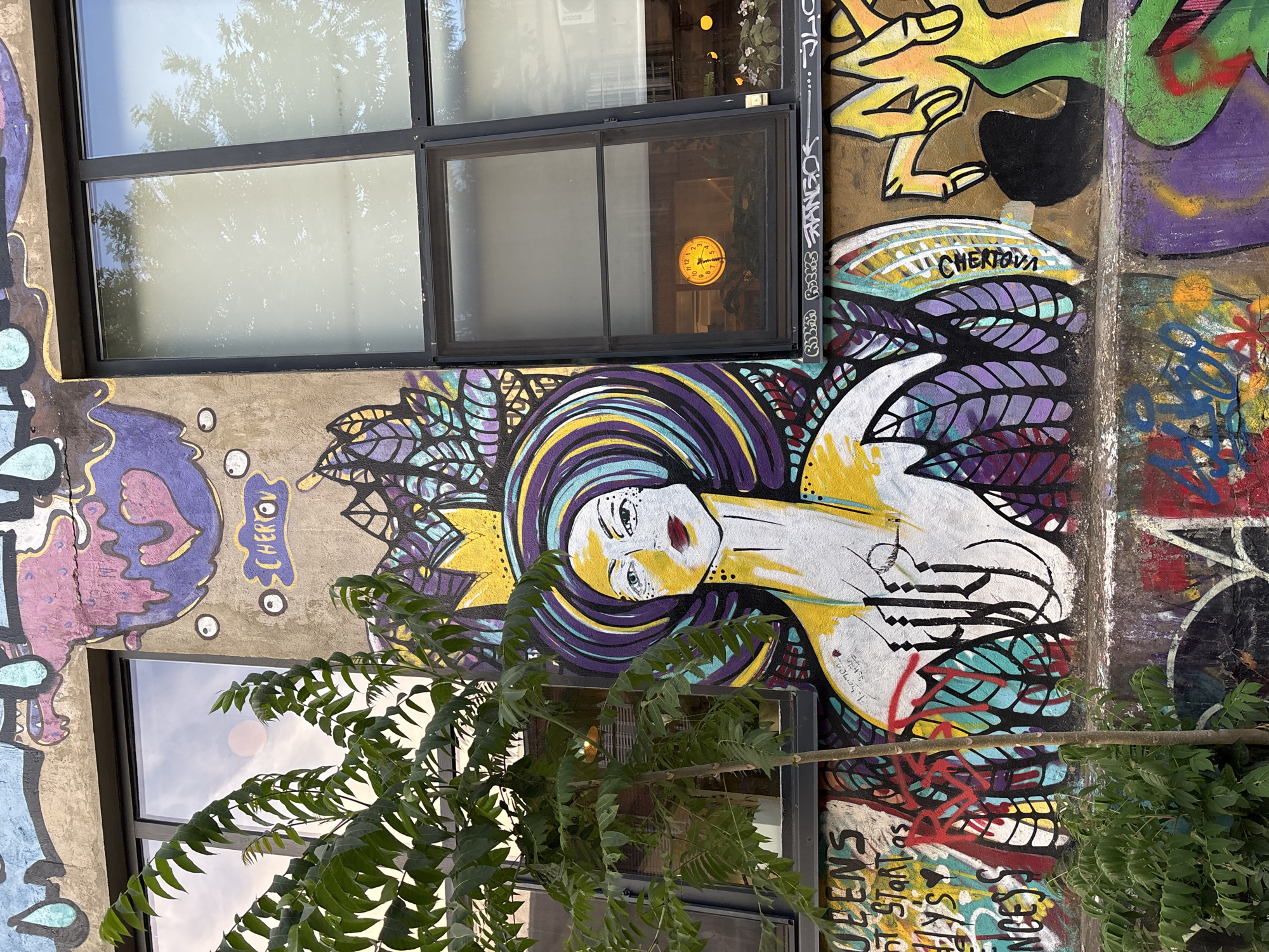 The image shows a mural on the side of a building, covered in graffiti. A large, stylized portrait of a woman with purple and yellow hair dominates the scene. She has white skin, large eyes, and red lips. The mural is vibrant and colorful, with many different shades and patterns. To the left and right of the portrait, there are other graffiti tags and designs. A window is visible in the background, reflecting the sky. A green tree with lush foliage partially obscures the mural and the window. The overall impression is one of urban art and creativity. Visible text includes "CHERTOV" and "QUEENS DON'T START AS PRINCESS". The image is taken during the day, with bright lighting.