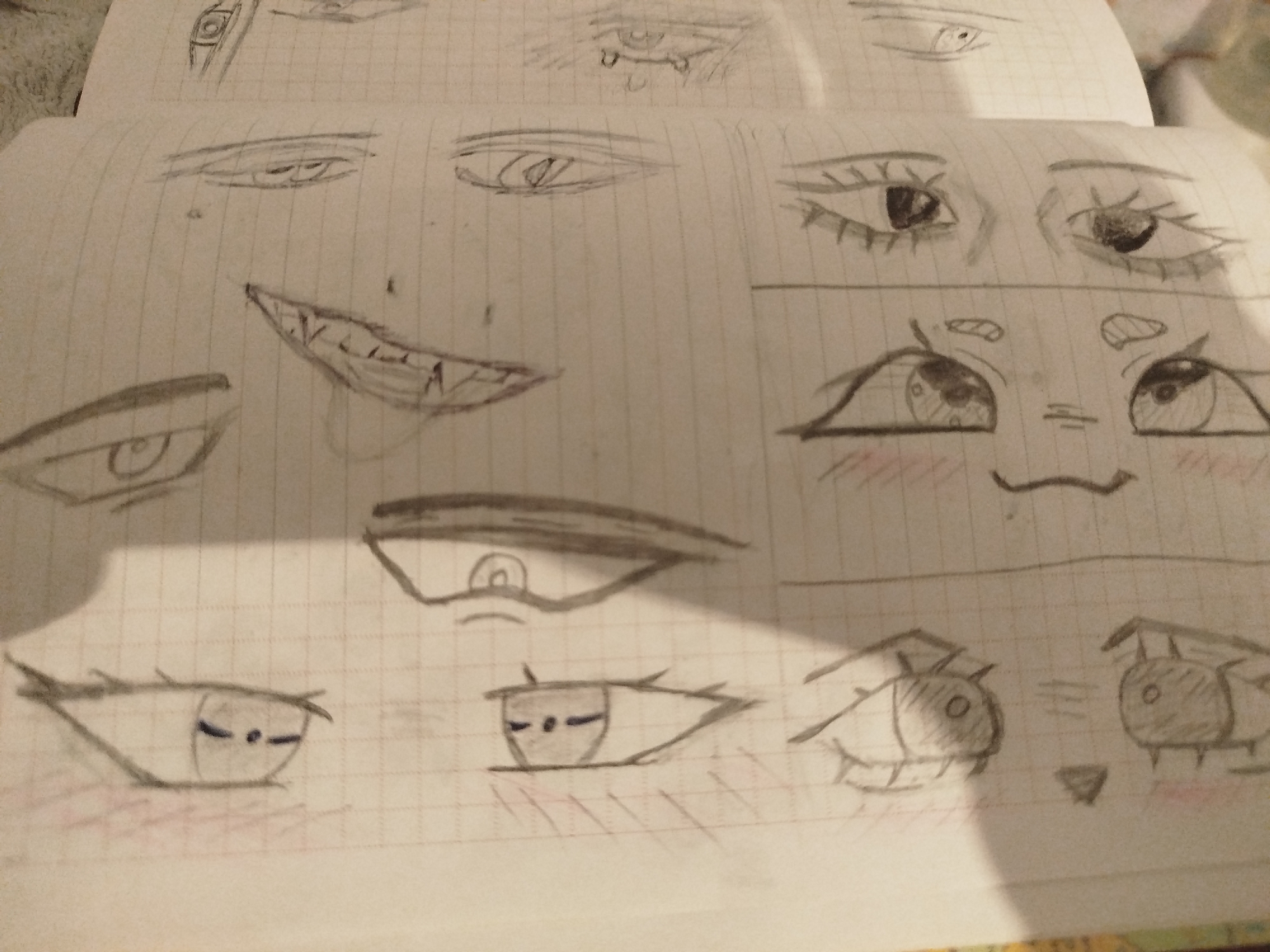 The image displays a close-up, overhead view of a sketchbook filled with pencil drawings of various eyes and mouths. The drawings are rendered in a simplified, anime-inspired style. Several pages of the sketchbook are visible, with some drawings overlapping. The background is a grid pattern, characteristic of notebook paper. No discernible objects or individuals outside of the drawings are visible. The location of Nimoreni, Moldova, is not depicted or suggested in the image.