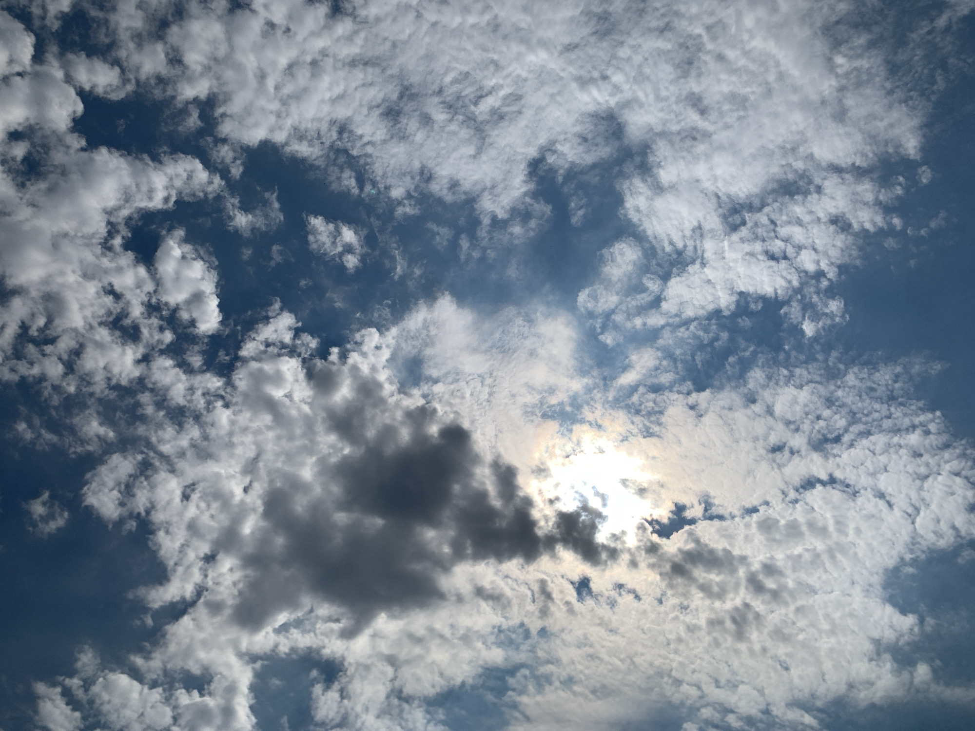 The image is a close-up, low-angle shot of the sky above Khazar Raion, Azerbaijan. The sky is a deep blue, dotted with numerous white and gray clouds. The sun is partially obscured by a large, dark gray cloud in the center of the frame, but its light is still visible, creating a bright, hazy glow. Smaller, wispy white clouds are scattered throughout the sky, some appearing thin and translucent, while others are more dense and fluffy. The overall impression is of a partly cloudy day, with a dramatic interplay of light and shadow caused by the clouds. There are no people, structures, or other objects visible in the image, only the expansive sky.