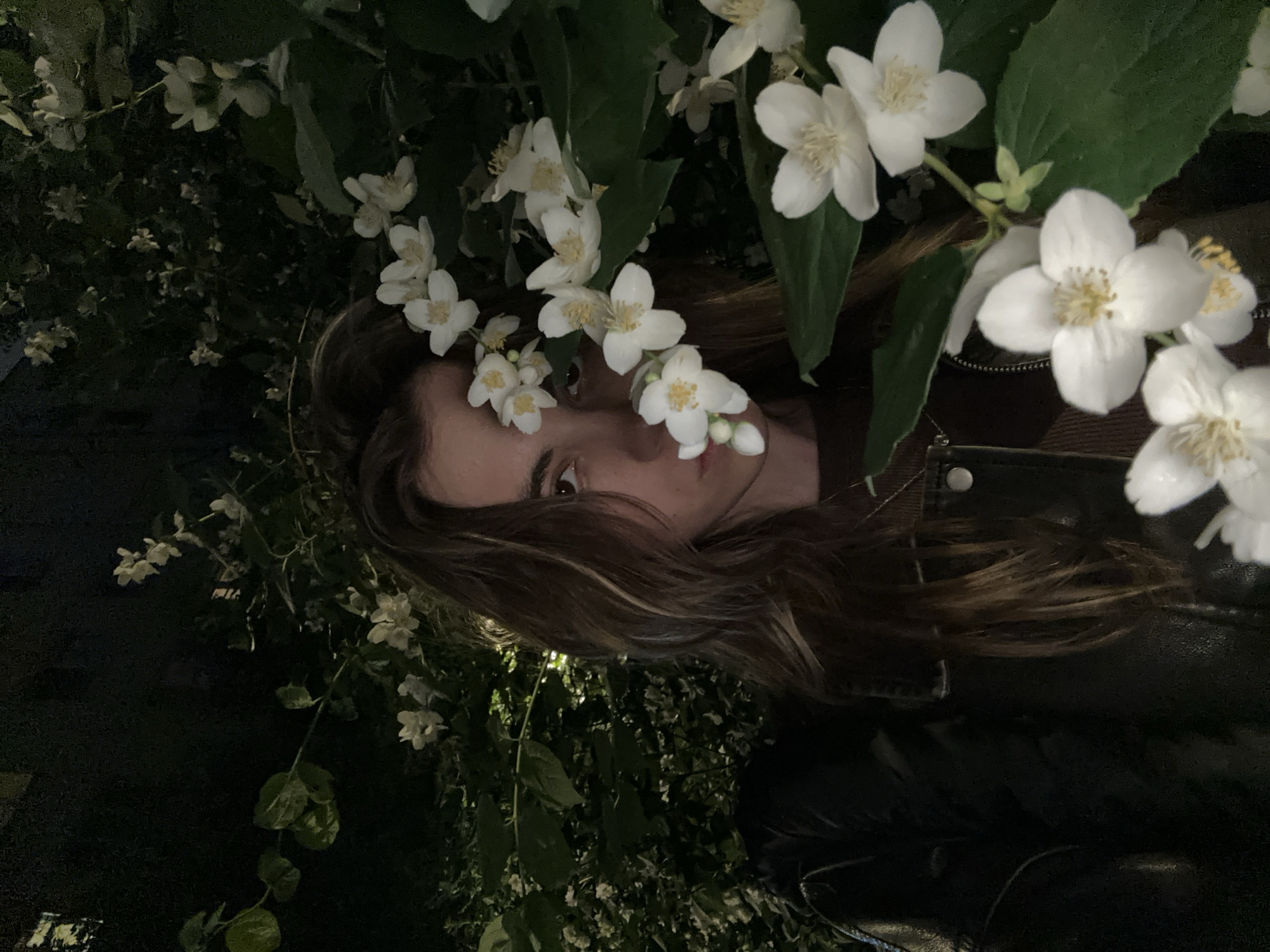 A young person with long, wavy brown hair is partially obscured by a blooming jasmine bush at night. The person is looking directly at the camera, with only their eyes and the left side of their face visible. They are wearing a dark jacket over a brown shirt. The jasmine flowers are white with yellow centers, and their fragrance is evident. The background is dark, suggesting an outdoor setting. The image was taken in Moscow, Russia, near the metro station Sokol.