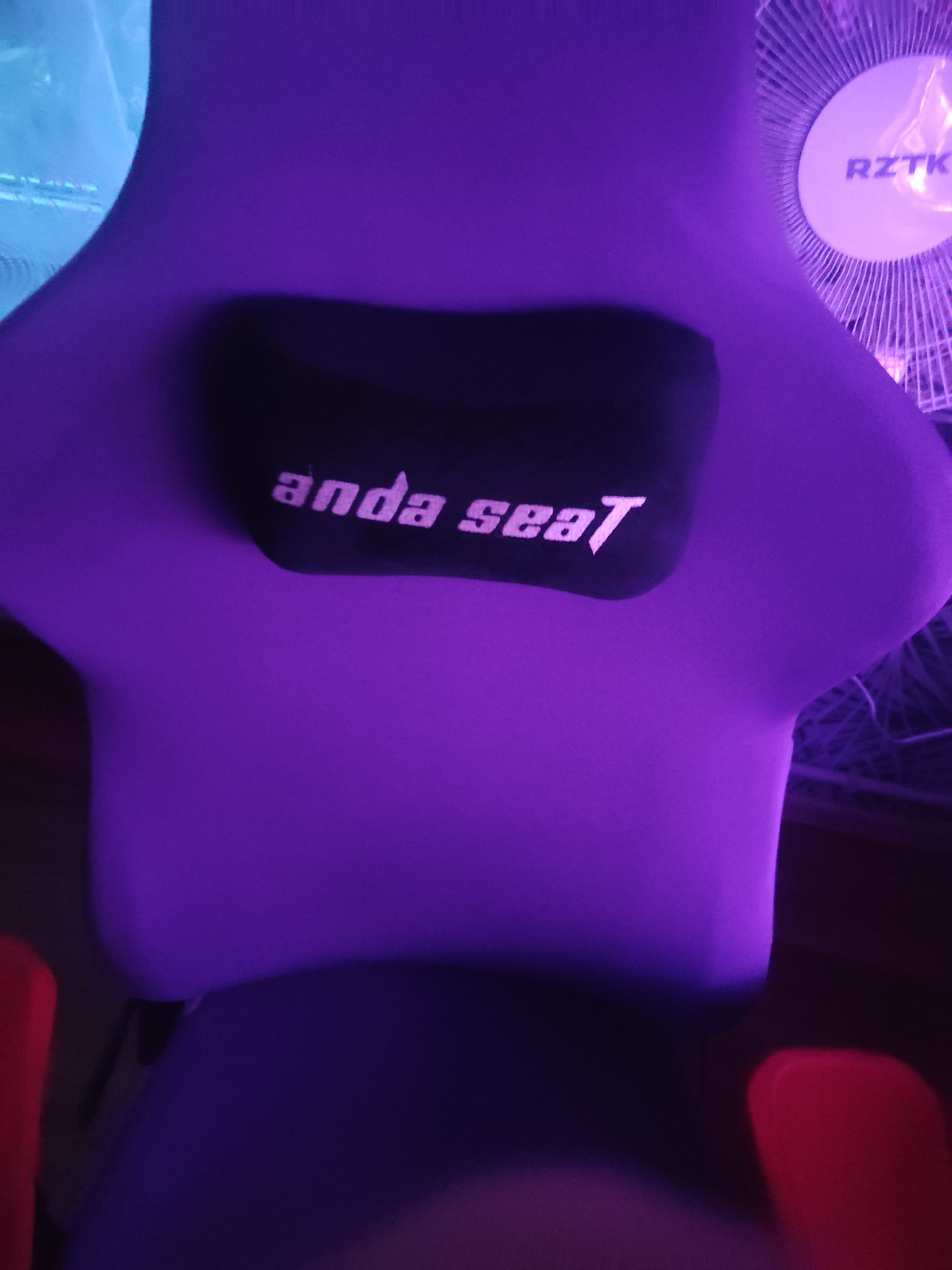 A black lumbar pillow with white lettering that reads "anda sea7" is attached to the back of a purple gaming chair. The chair is lit with purple ambient lighting. To the right of the chair, a white fan with the letters "RZTK" on it is visible. The image appears to be taken indoors. The specific location in Borova, Ukraine is not determinable from the image.