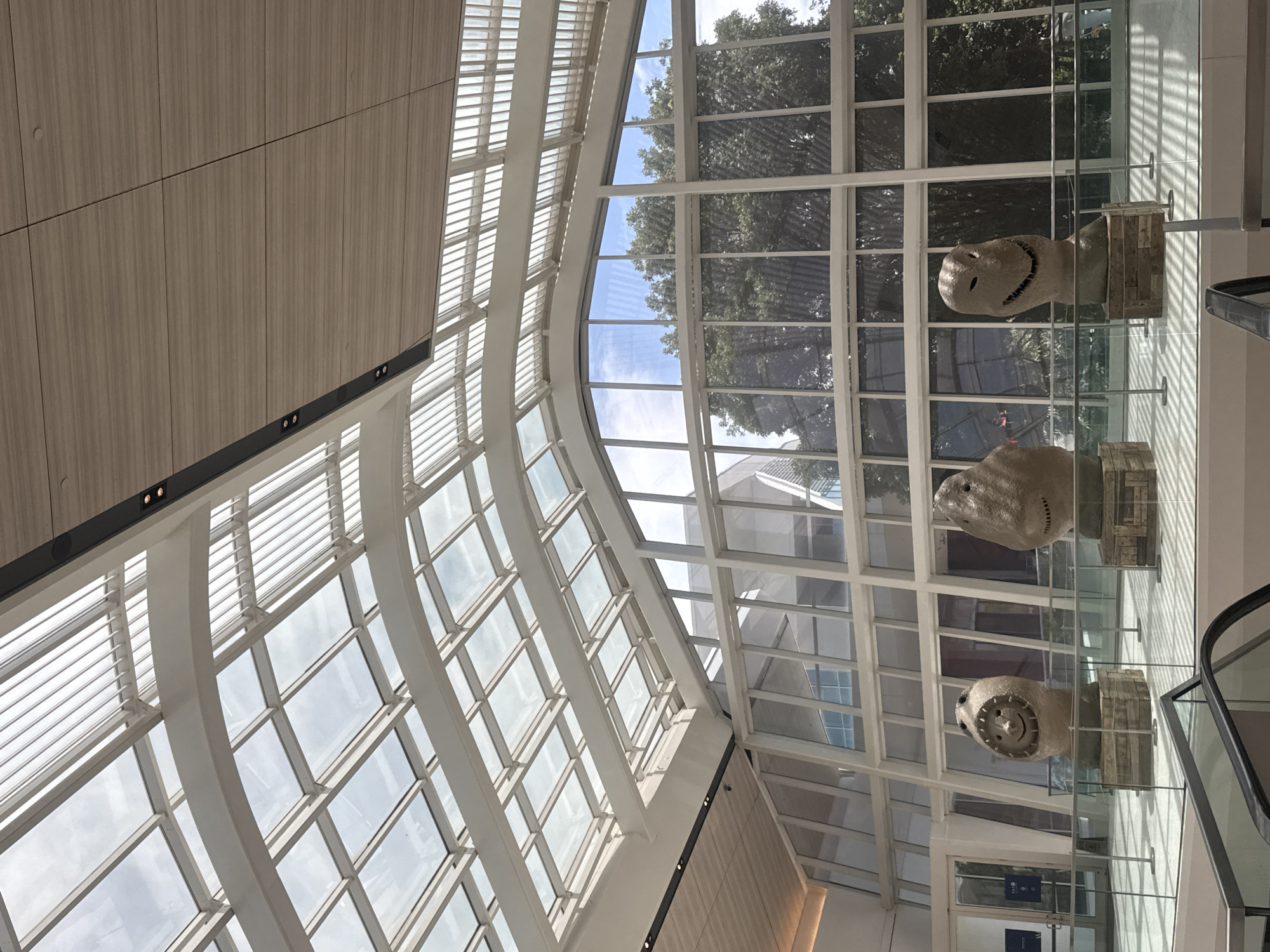 The media file shows an indoor scene with a large, curved glass ceiling and walls, revealing trees and blue sky outside. The architecture features white structural beams supporting the glass panels, creating a bright and airy atmosphere. The time of day appears to be daytime, as indicated by the natural light filtering through the glass.
Visible within the space are three peculiar sculptures resembling heads. The sculpture in the foreground has a wide, toothy grin and is placed on a wooden crate. Above it, another sculpture, also on a wooden crate, depicts a head with a large, circular mouth and two dots for eyes, giving it a somewhat cartoonish appearance. A third, less distinct sculpture is visible further back, also appearing to be a head on a crate. These sculptures are positioned on glass shelves, suggesting they are part of an art installation or display.
The overall setting seems to be a modern building, possibly a museum, gallery, or public space with an atrium. The combination of natural light, the architectural design, and the unusual sculptures creates an intriguing and somewhat whimsical mood. There are no people explicitly visible in the frame, focusing the attention on the artwork and the surrounding architecture. No discernible text is present in the image.