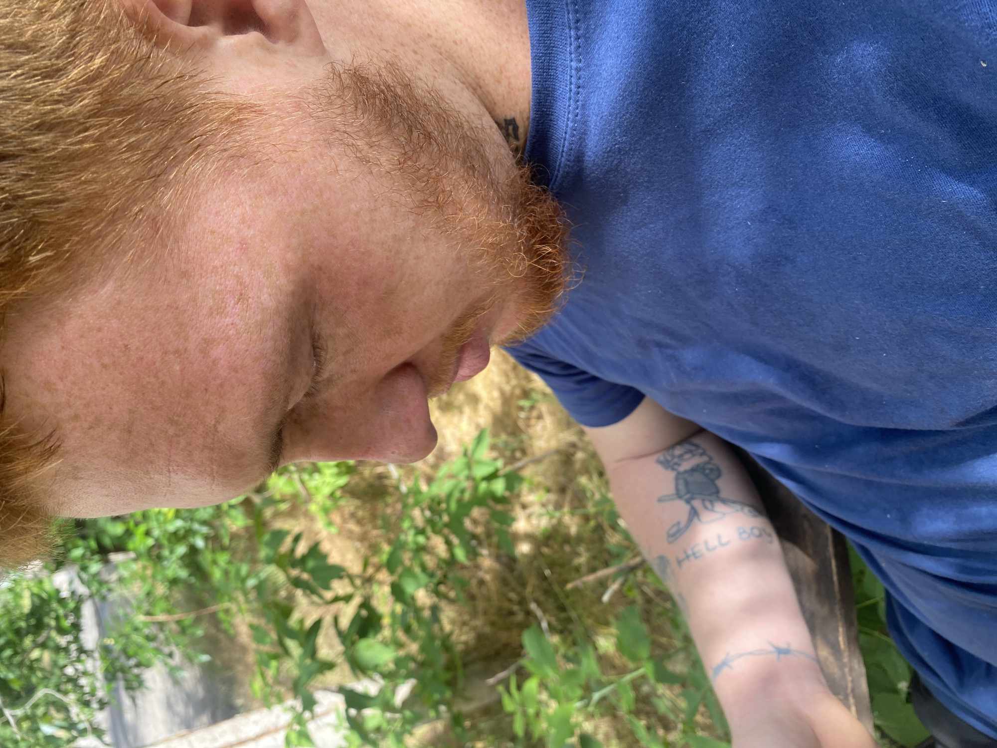 A close-up, head and shoulders shot shows a person with auburn hair and freckled skin looking down and to the left. The person is wearing a blue t-shirt, and their left arm, visible in the lower left of the frame, has several tattoos. One tattoo on the forearm reads "HELL BOYS." The background is blurred green foliage, suggesting an outdoor setting. The lighting indicates it is daytime. No specific location within a city is identifiable.
