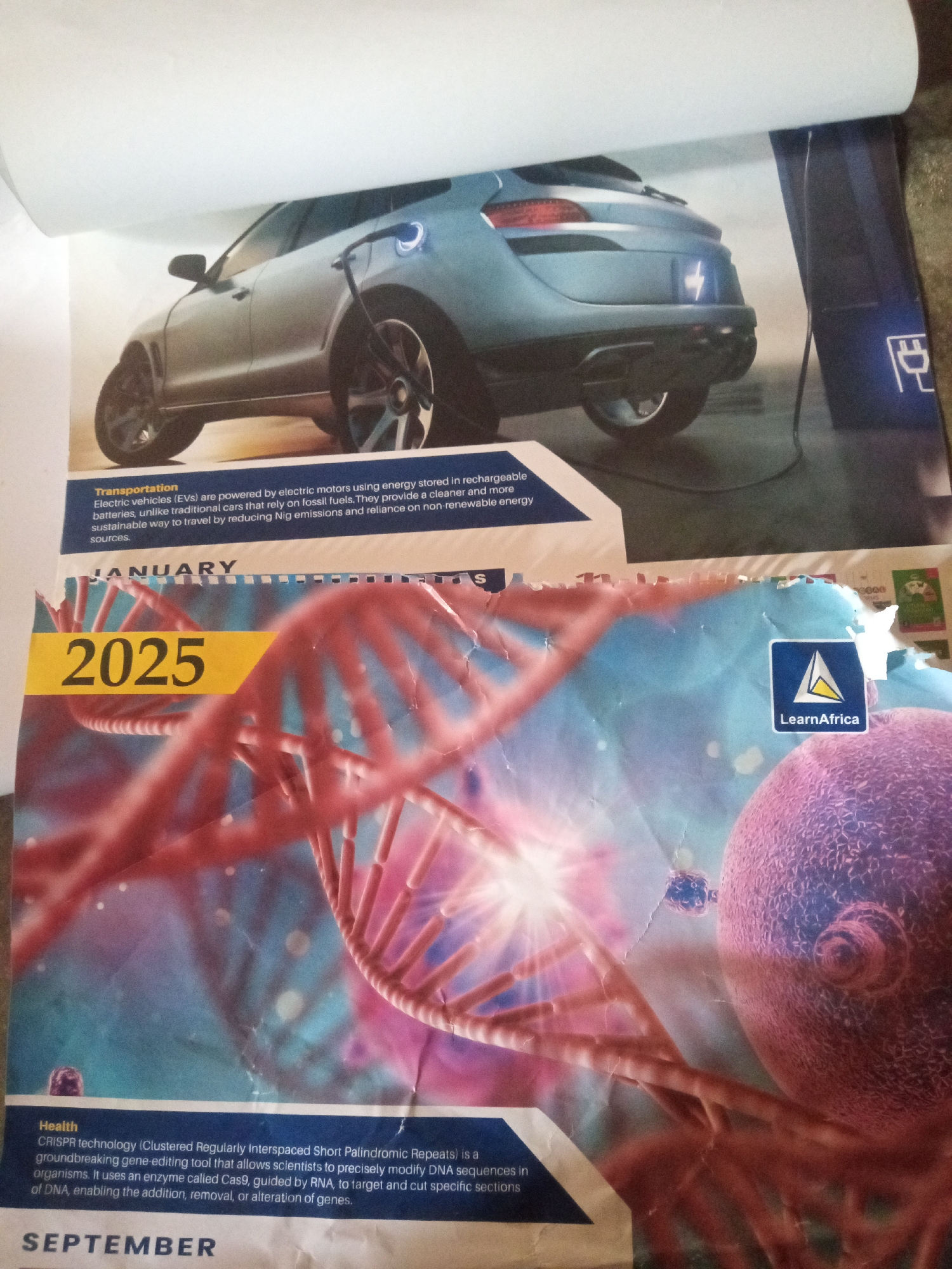 The image is a close-up, slightly angled shot of a calendar page, possibly from the year 2025. The top portion features an image of a blue electric vehicle plugged into a charging station, with a section of text describing "Transportation" and electric vehicles. Below this, the calendar page prominently displays "JANUARY" and "2025" in large yellow lettering. The background of the calendar page is a vibrant, abstract depiction of a DNA helix and a cell. In the bottom left corner, there is a section of text describing "Health" and CRISPR technology. A logo for "LearnAfrica" is visible in the upper right section of the calendar page. The image shows signs of wear and tear, with some creasing and damage to the paper. There is no information within the image that specifies a location in the city of Jalingo, Nigeria.