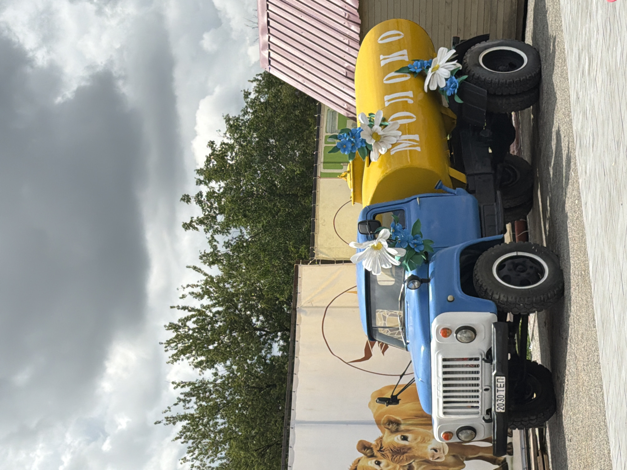 This is a full-shot, eye-level, outdoor photograph taken in the city of Velykyi Khodachkiv, Ukraine. The image features a vintage blue and white milk truck with a yellow tank decorated with artificial white and blue flowers. The word "МОЛОКО" (milk in Russian) is painted in large white letters on the side of the tank. The truck has large, rugged tires and a license plate that reads "2030 ТЕП". In the background, a large banner displays images of cows and a circular emblem with a bull's head. To the right of the truck, a portion of a building with a pink corrugated metal roof is visible. The scene is set against a backdrop of lush green trees and a cloudy sky. No people are present in the image.