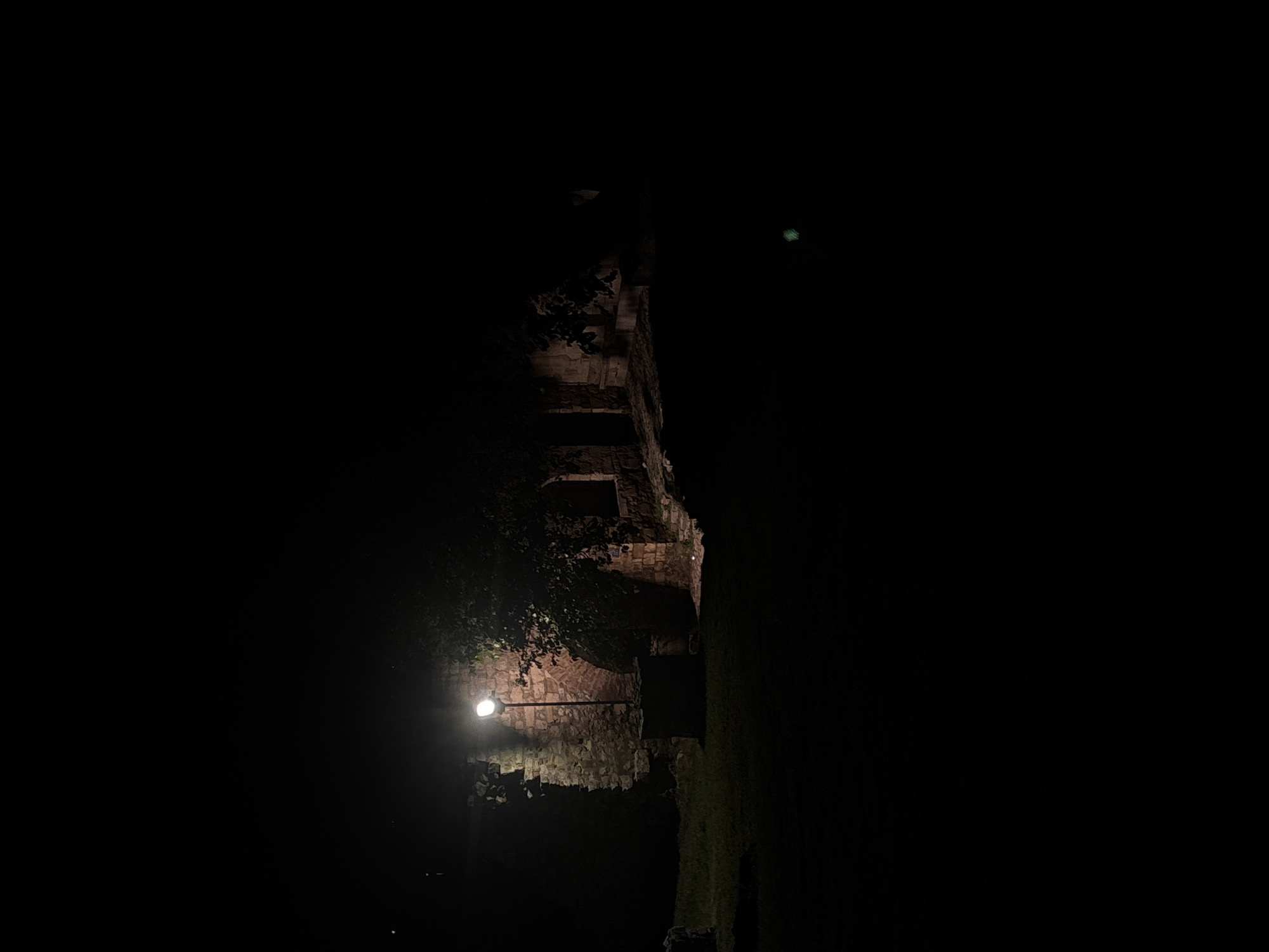 The photograph shows a dimly lit, vertical scene, possibly taken at night, featuring an old stone wall illuminated by a streetlight. The location may be in Belgrade, Serbia, given that location information was requested.
The stone wall appears textured and aged, with visible cracks and irregularities. It is partly covered by foliage. A single streetlight casts a warm glow on the wall and the surrounding area, partially illuminating some grass along the right side of the image. The majority of the scene is shrouded in darkness, with minimal visible details in the background.